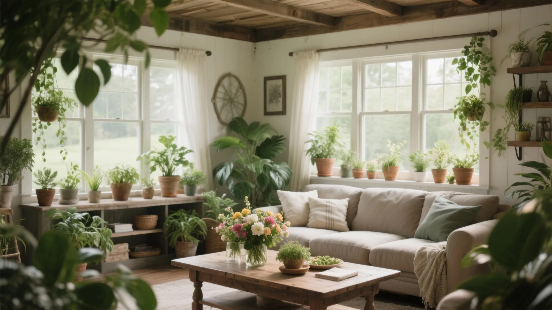 Bright farmhouse living room filled with many green potted plants white sofa and wooden coffee table