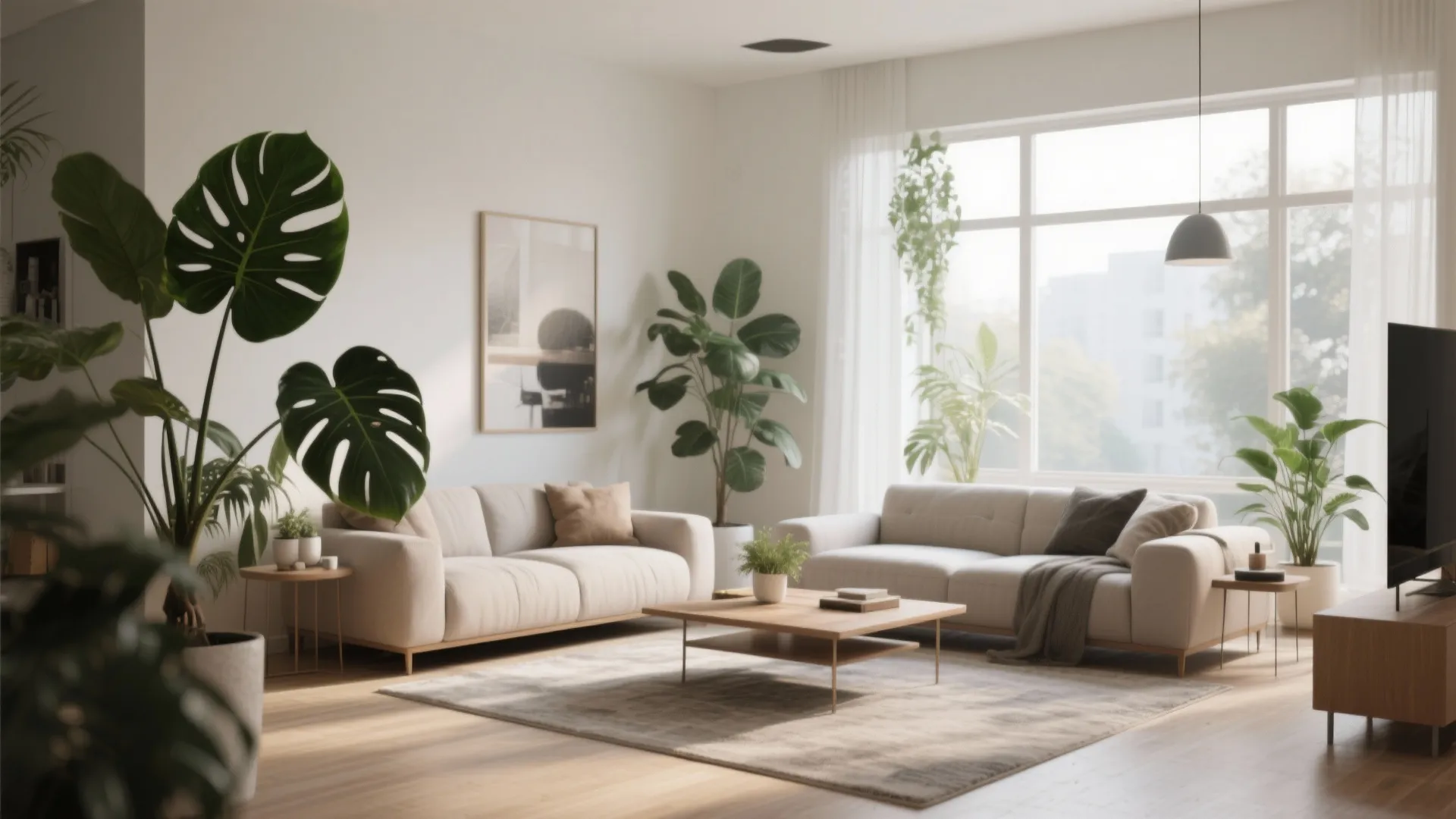Living room interior featuring white sofas wooden coffee table and many green indoor plants near window
