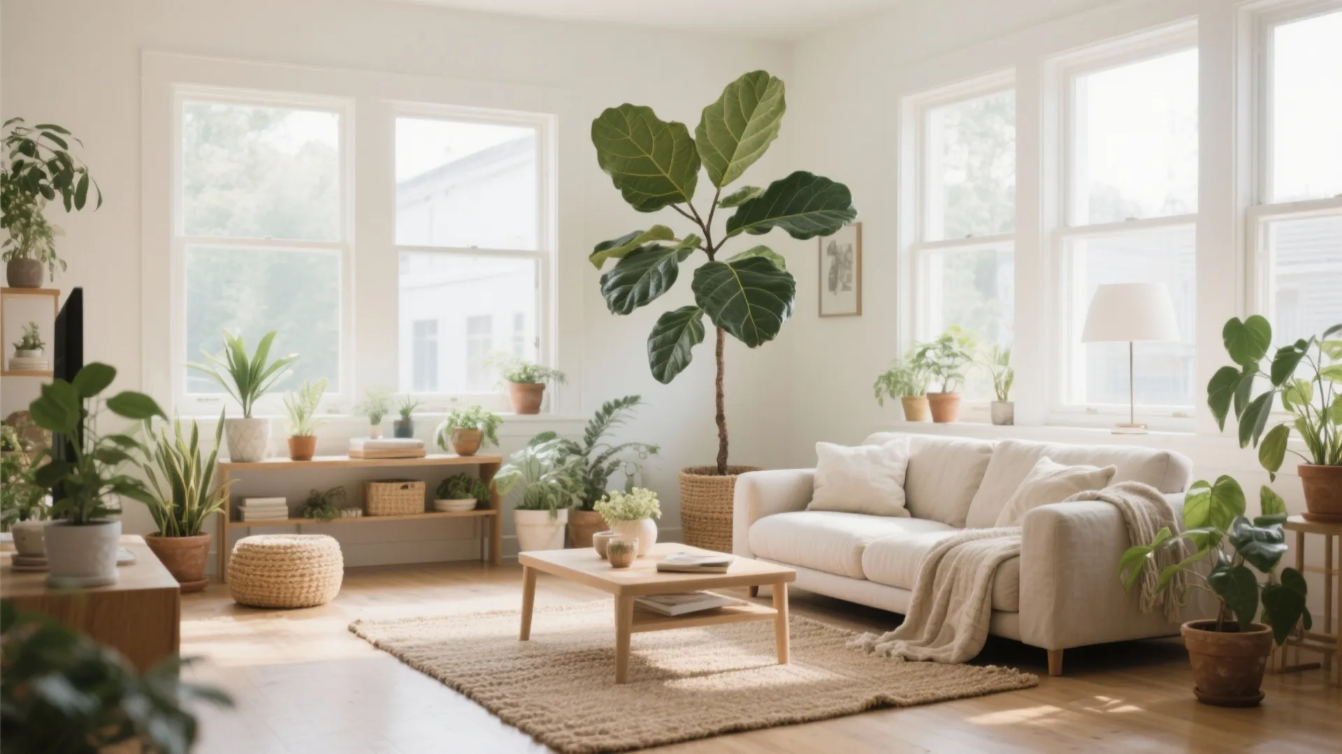 Living room with tall fiddle-leaf fig and natural textures