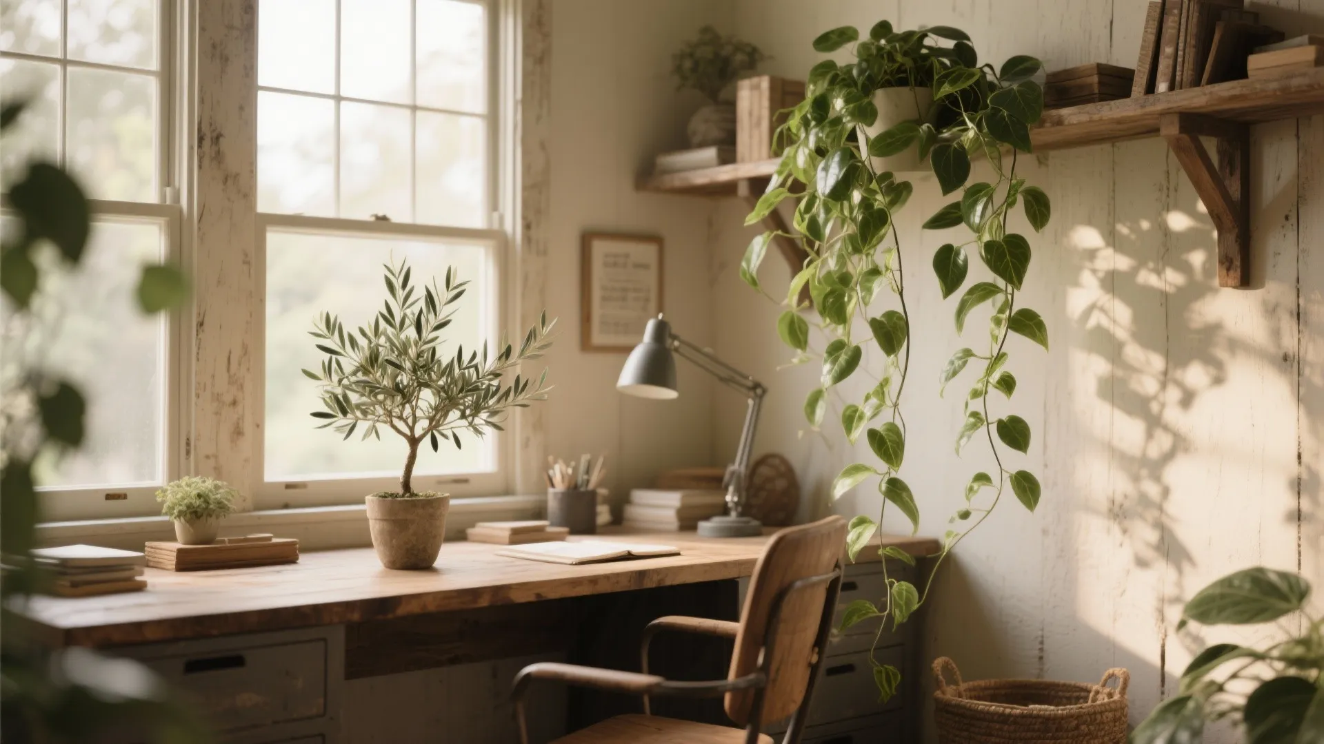 Home office desk with potted green plants wooden chair desk lamp and natural window light