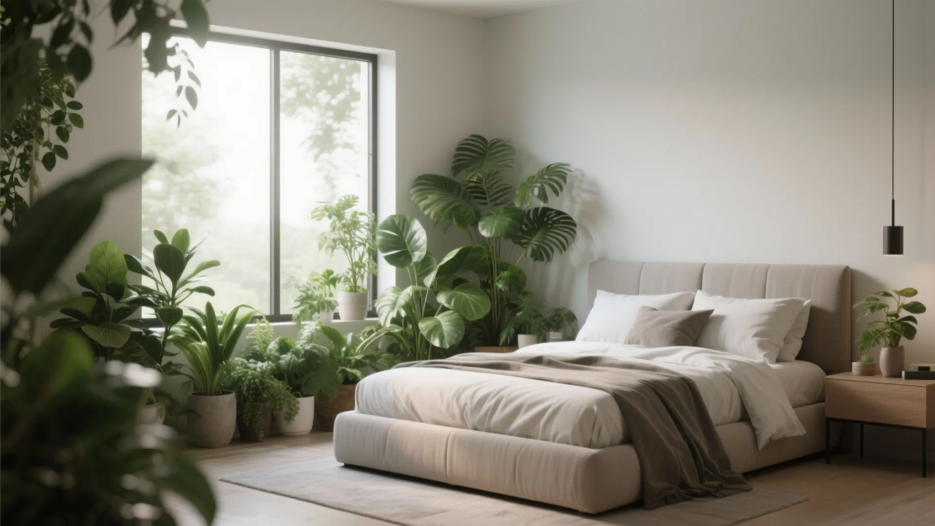Modern white bedroom filled with green indoor plants near a large window with natural sunlight