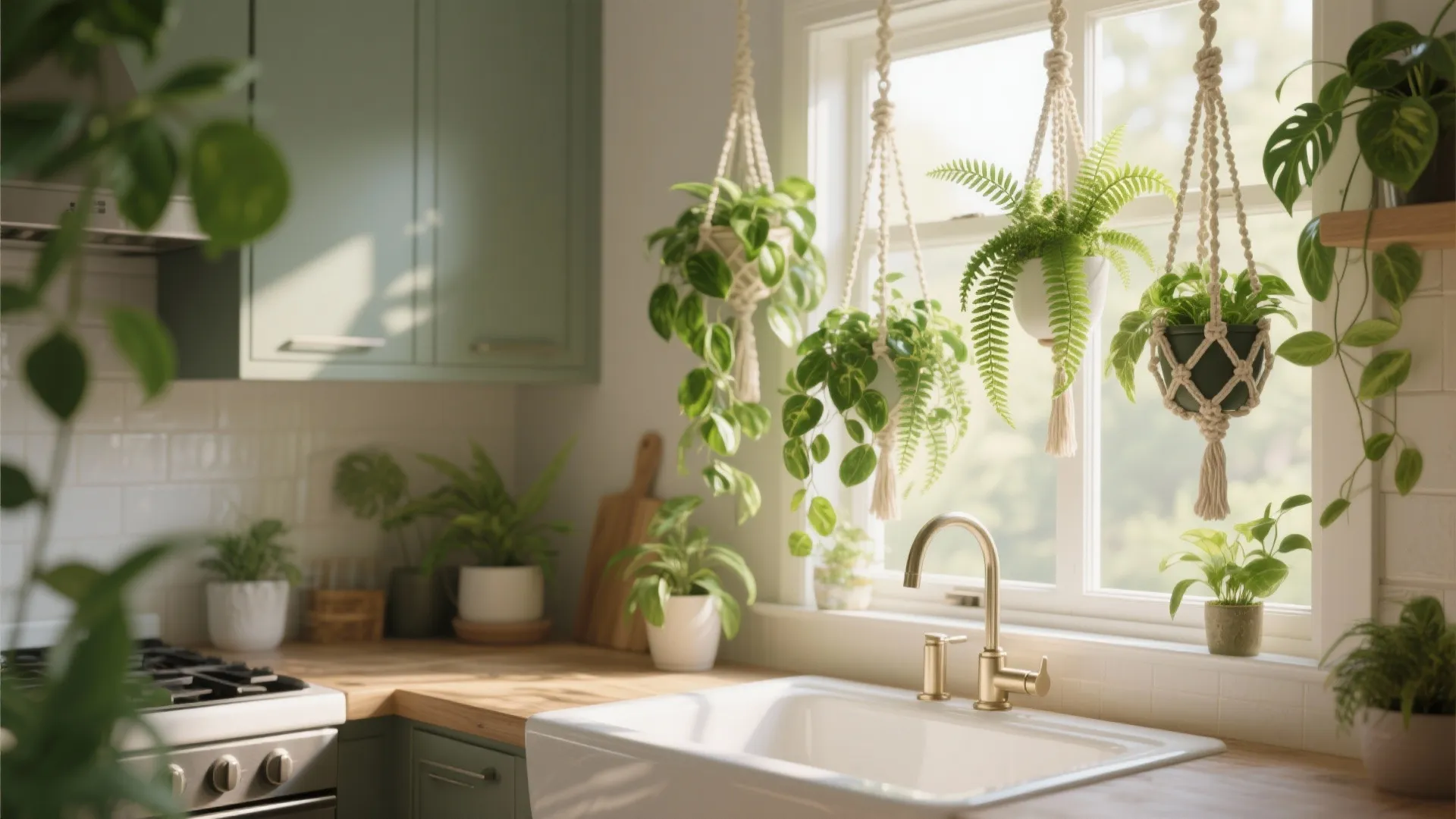 Green kitchen with white sink gold faucet and several hanging green plants near the window