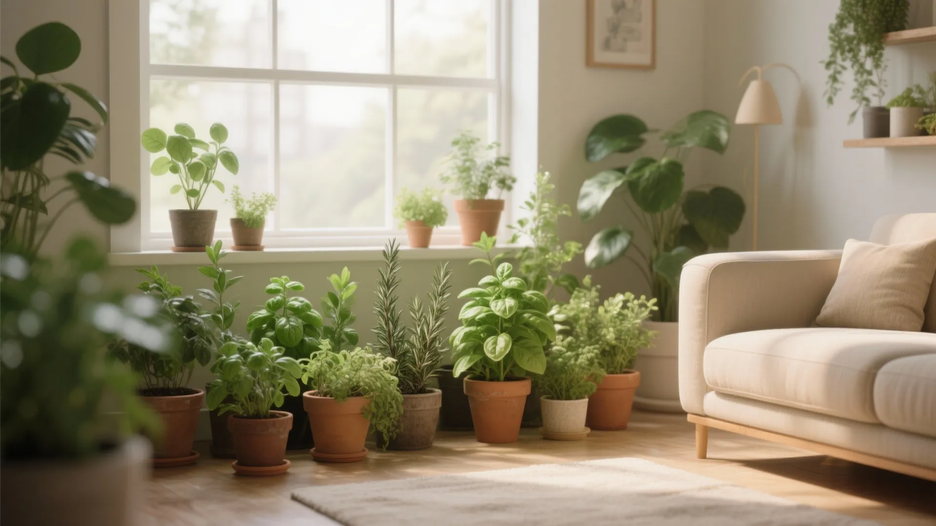 Indoor herb garden with many small potted plants on the floor and windowsill near sofa
