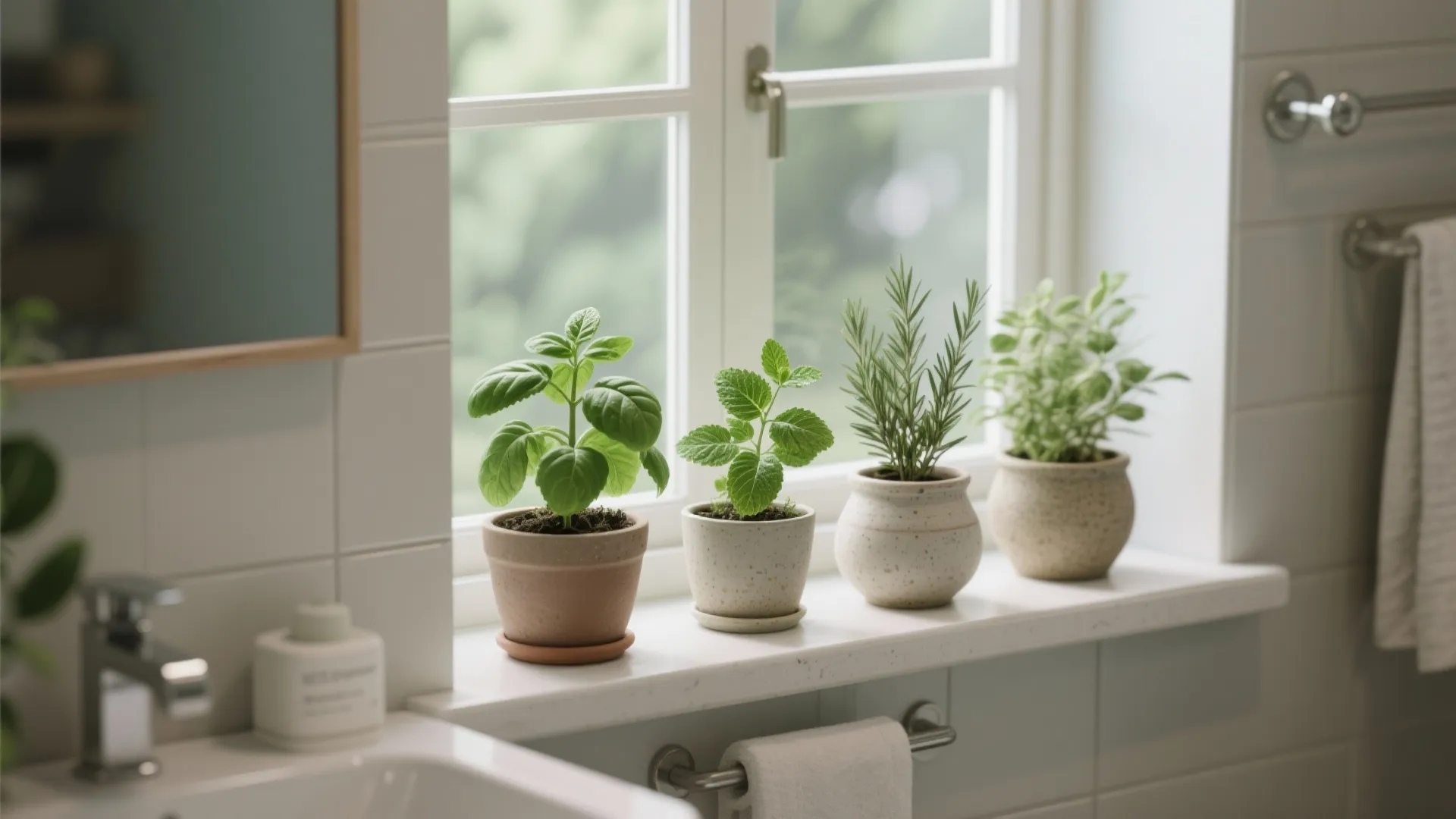 Four small green potted plants sitting on a white bathroom window ledge near a sink