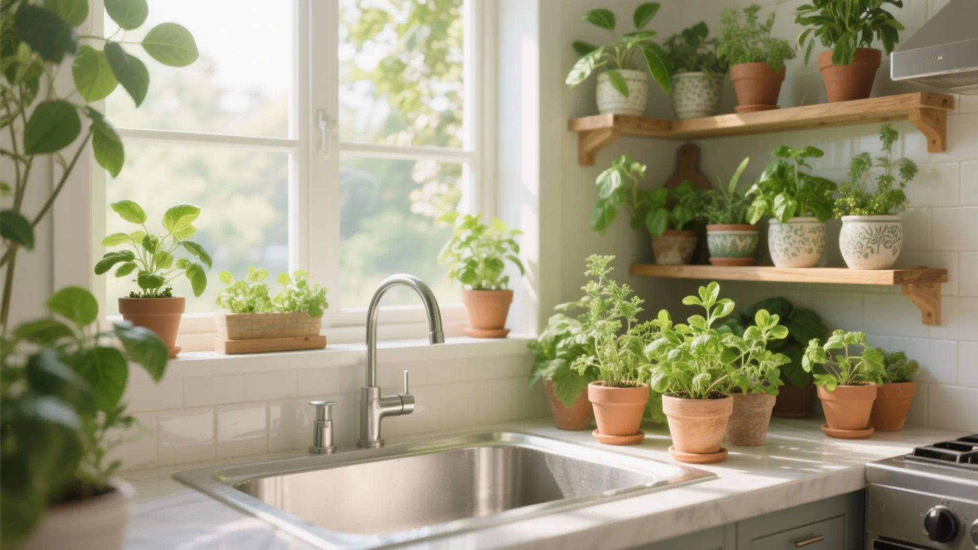 Kitchen sink with sunlit indoor herb garden in pots