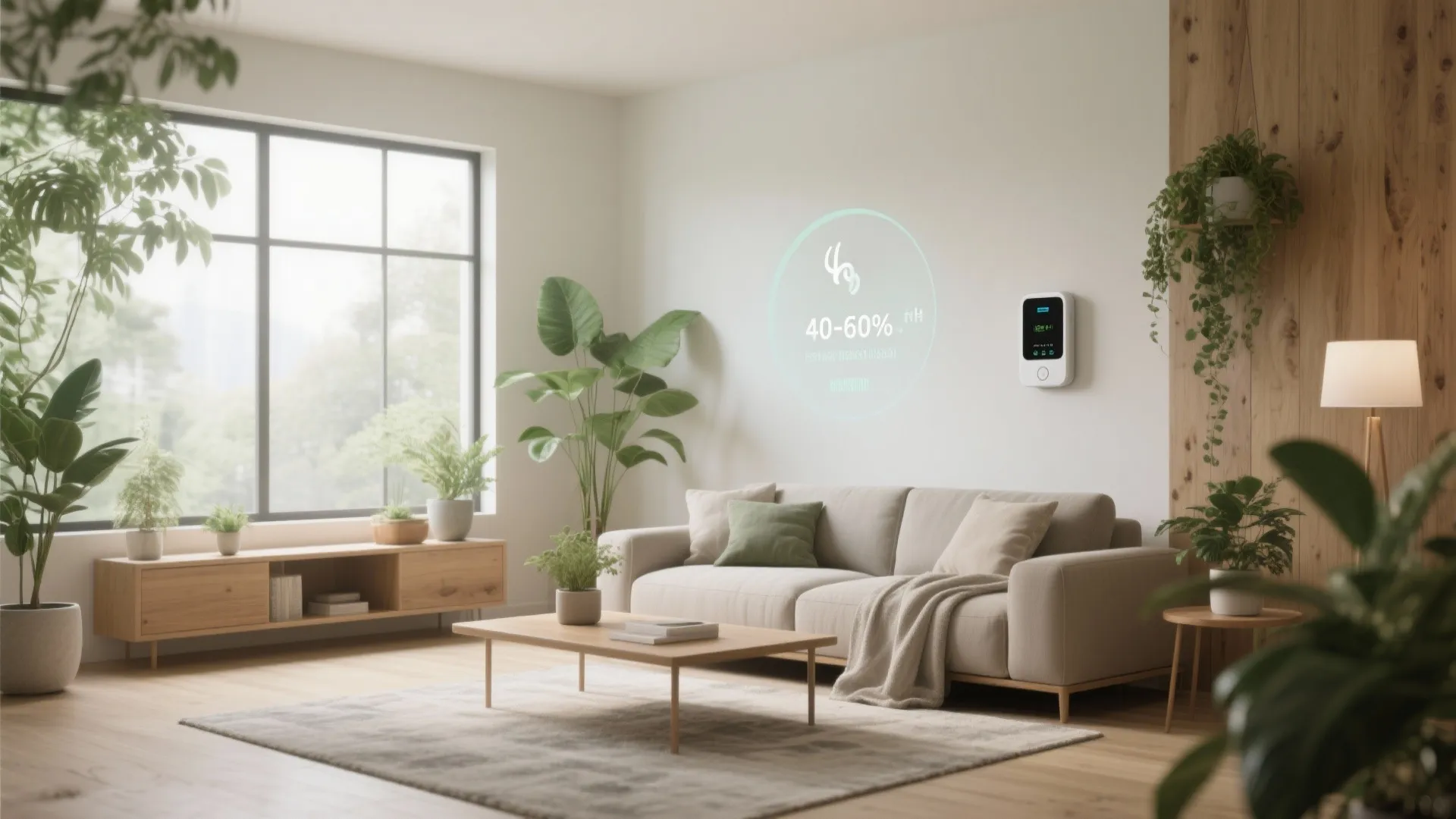 Modern bright living room with beige sofa green plants and humidity sensor showing forty percent