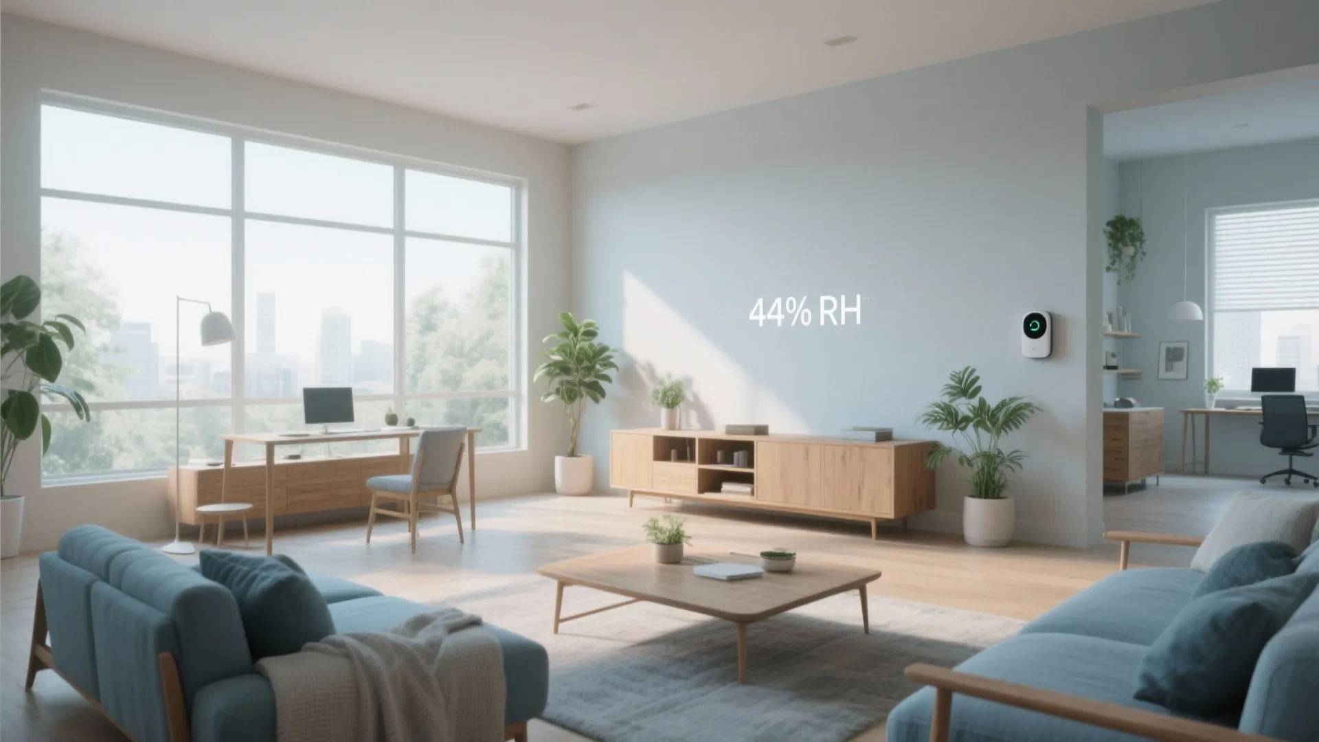 Modern bright living room interior design with blue sofa wood furniture plants and large windows