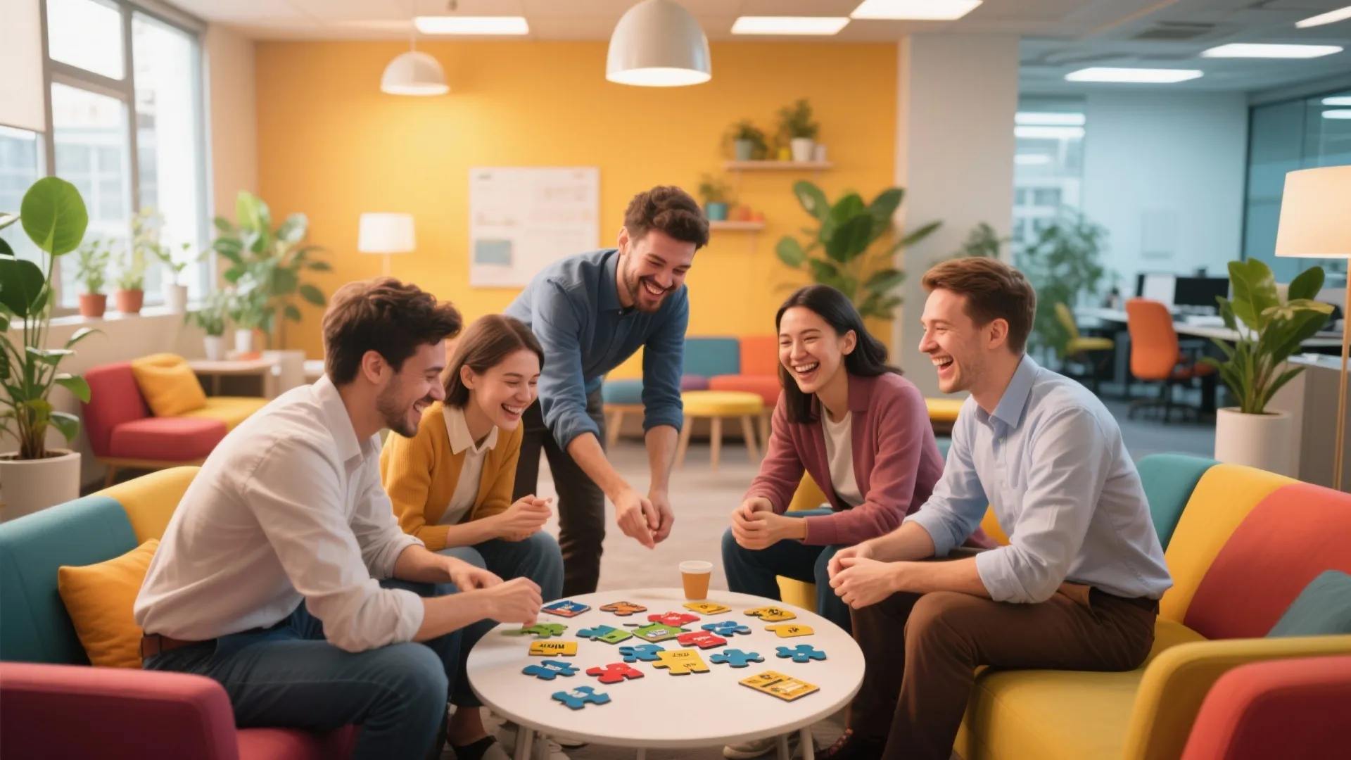 Five happy office colleagues playing a colorful puzzle game on a white round coffee table