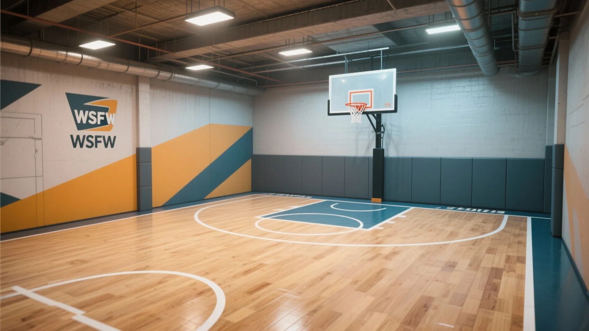 Indoor half basketball court inside a basement recreation area.