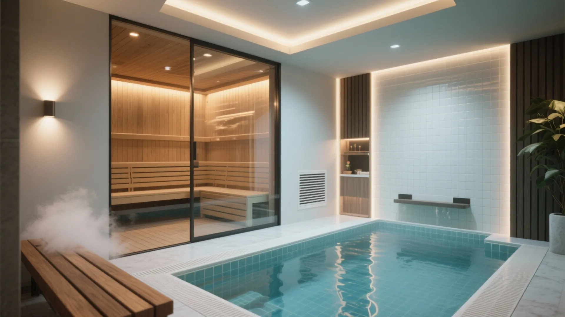 Modern indoor swimming pool area with glass sauna room white wall tiles and warm ceiling light