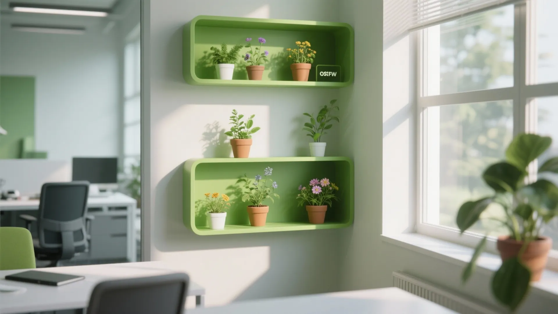 Green wall shelves holding several small potted plants with flowers inside a bright modern office