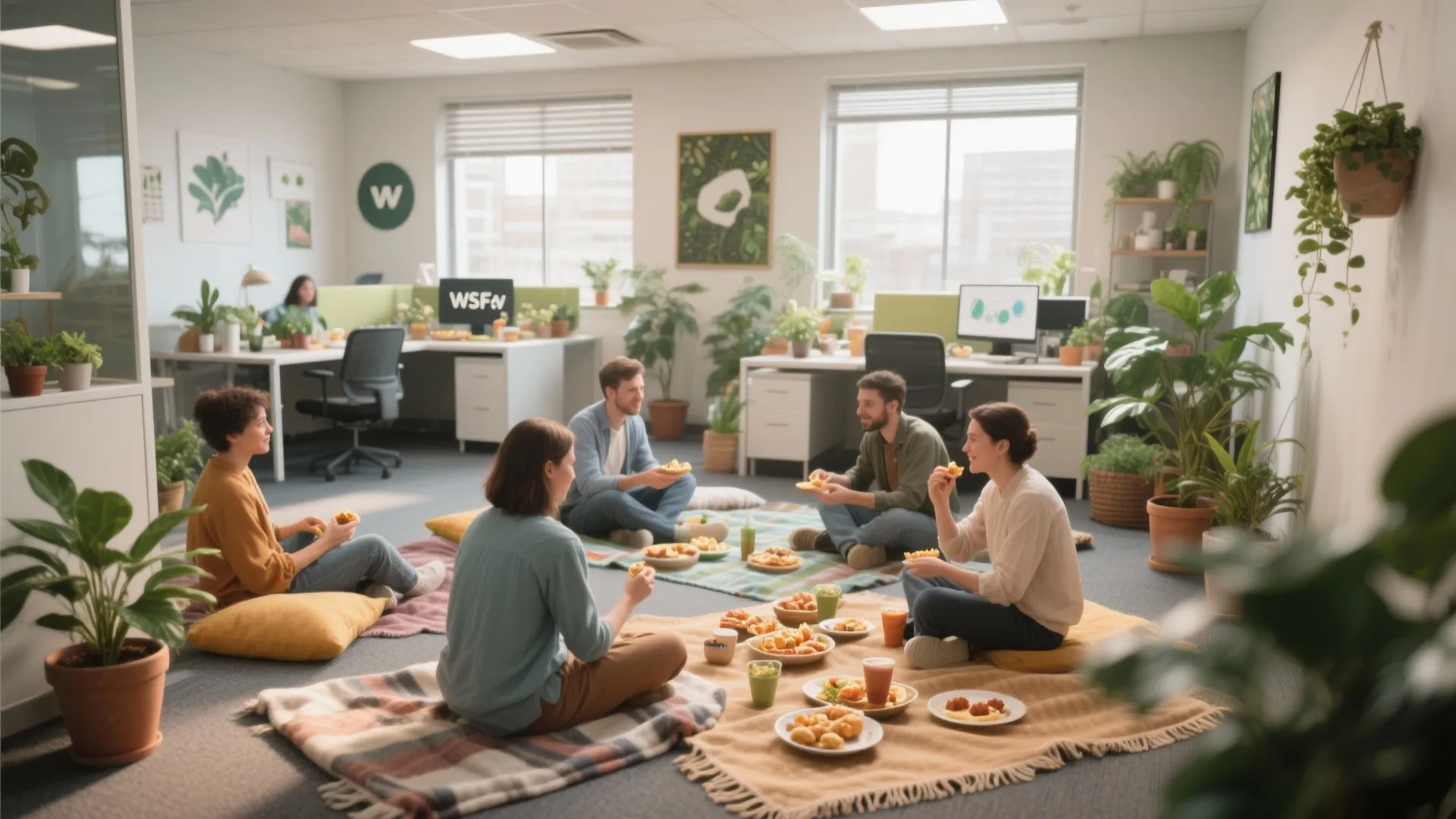 Office indoor picnic with employees sitting on blankets eating food near green plants and desks
