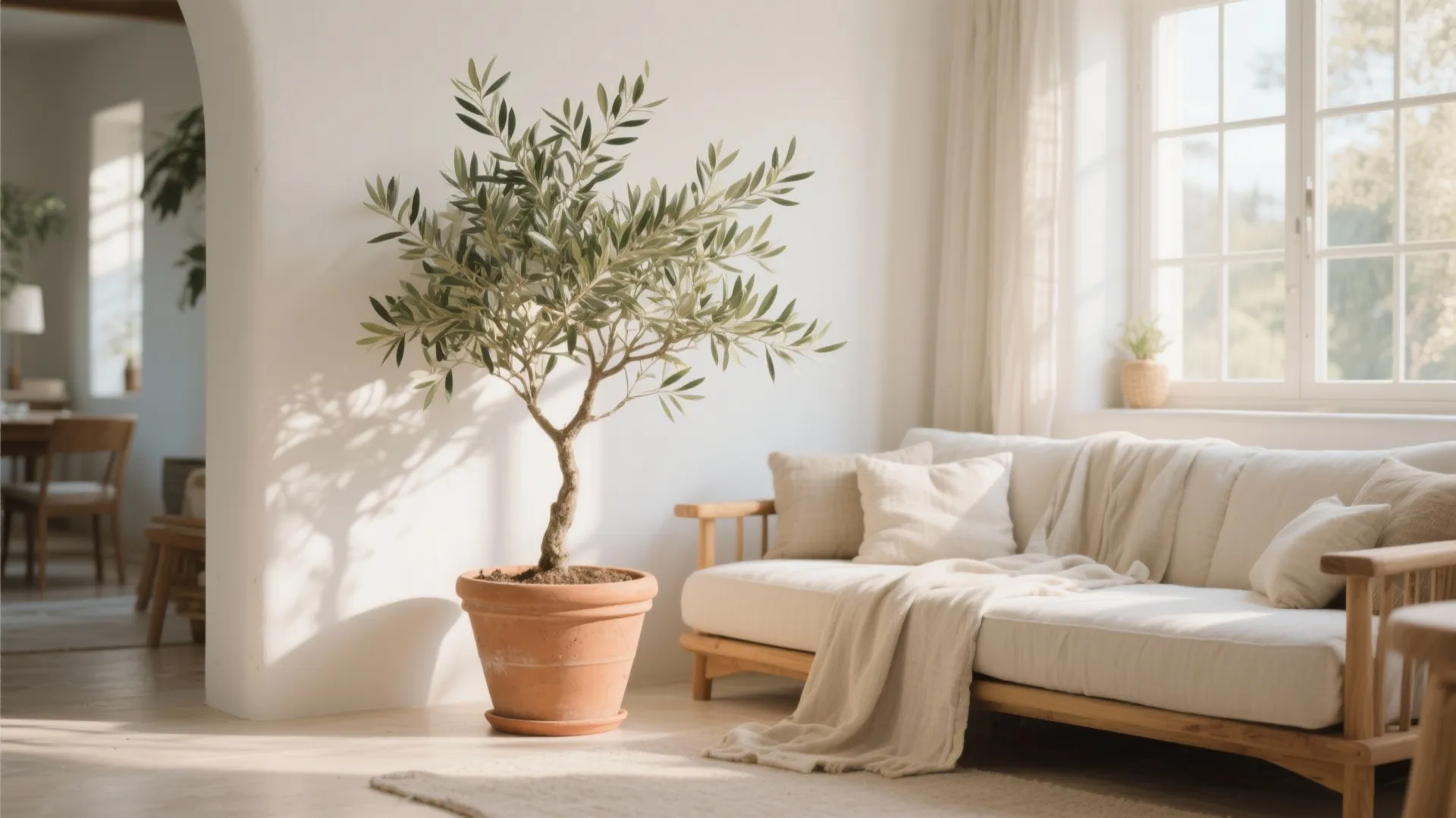 Indoor olive tree in a clay pot standing next to a cream sofa by window