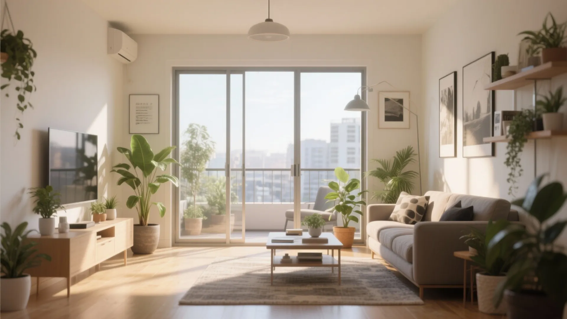 Bright living room with glass balcony door, green plants, wood furniture, and beige fabric sofa