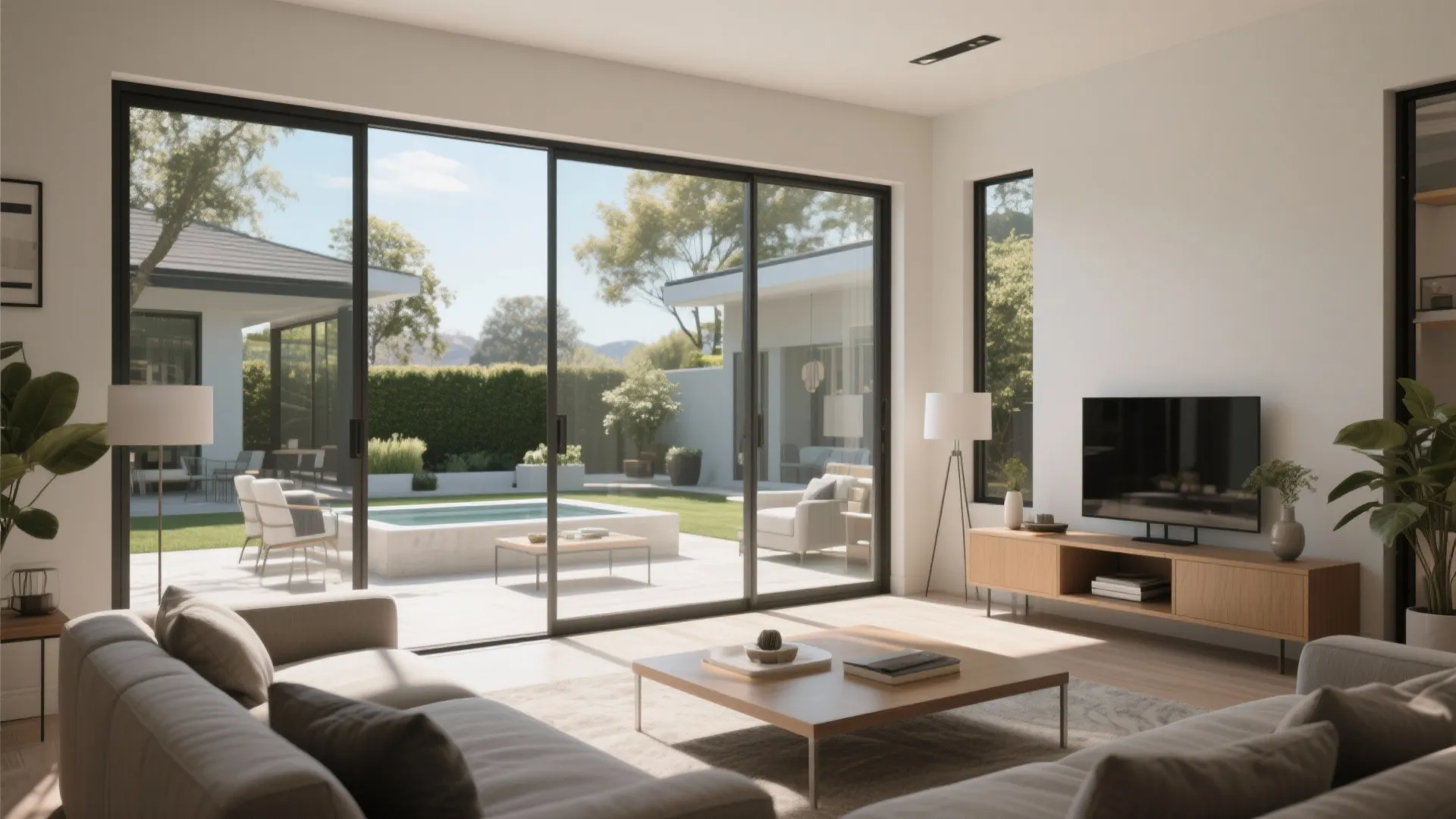 Bright living room with large glass sliding windows opening to a backyard pool and garden