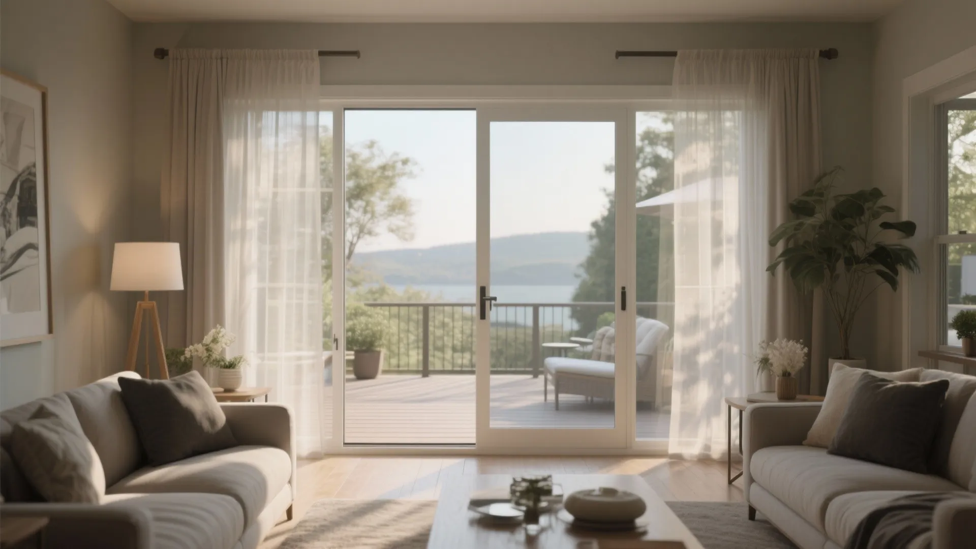 Bright living room with glass sliding doors leading to wooden deck with view of the lake