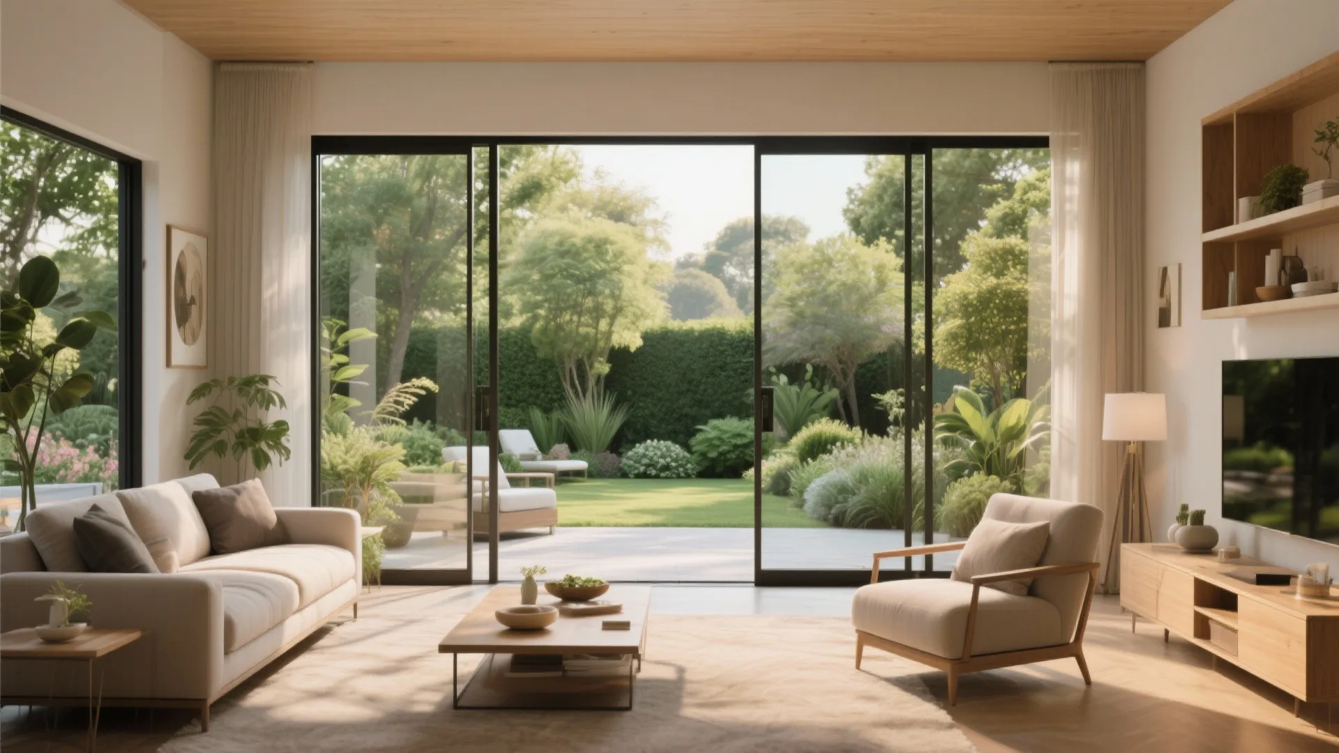 Modern living room with large glass sliding doors opening to a lush green backyard garden view