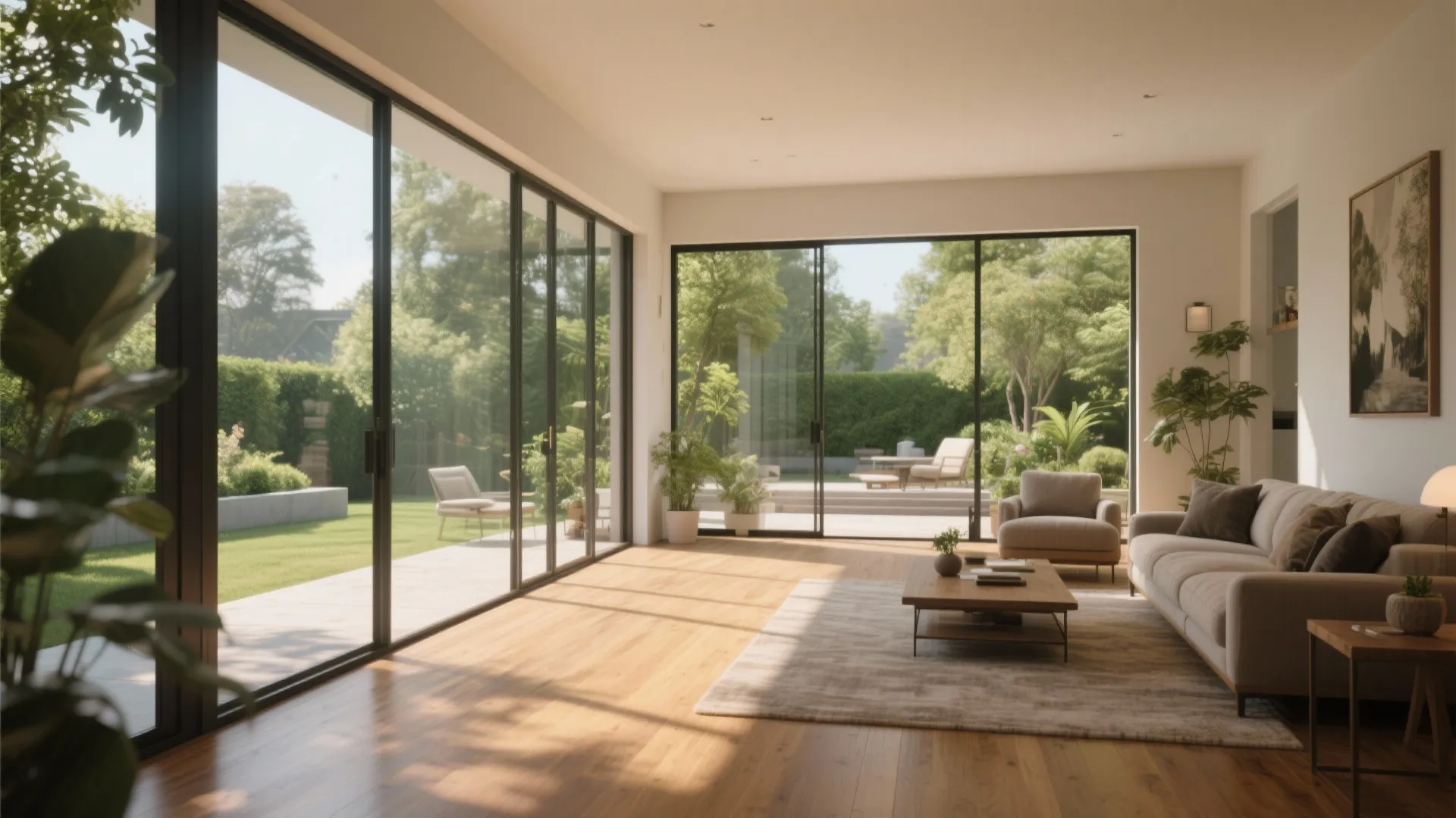 Bright living room with large glass sliding windows, wood floor, sofa, and green garden view