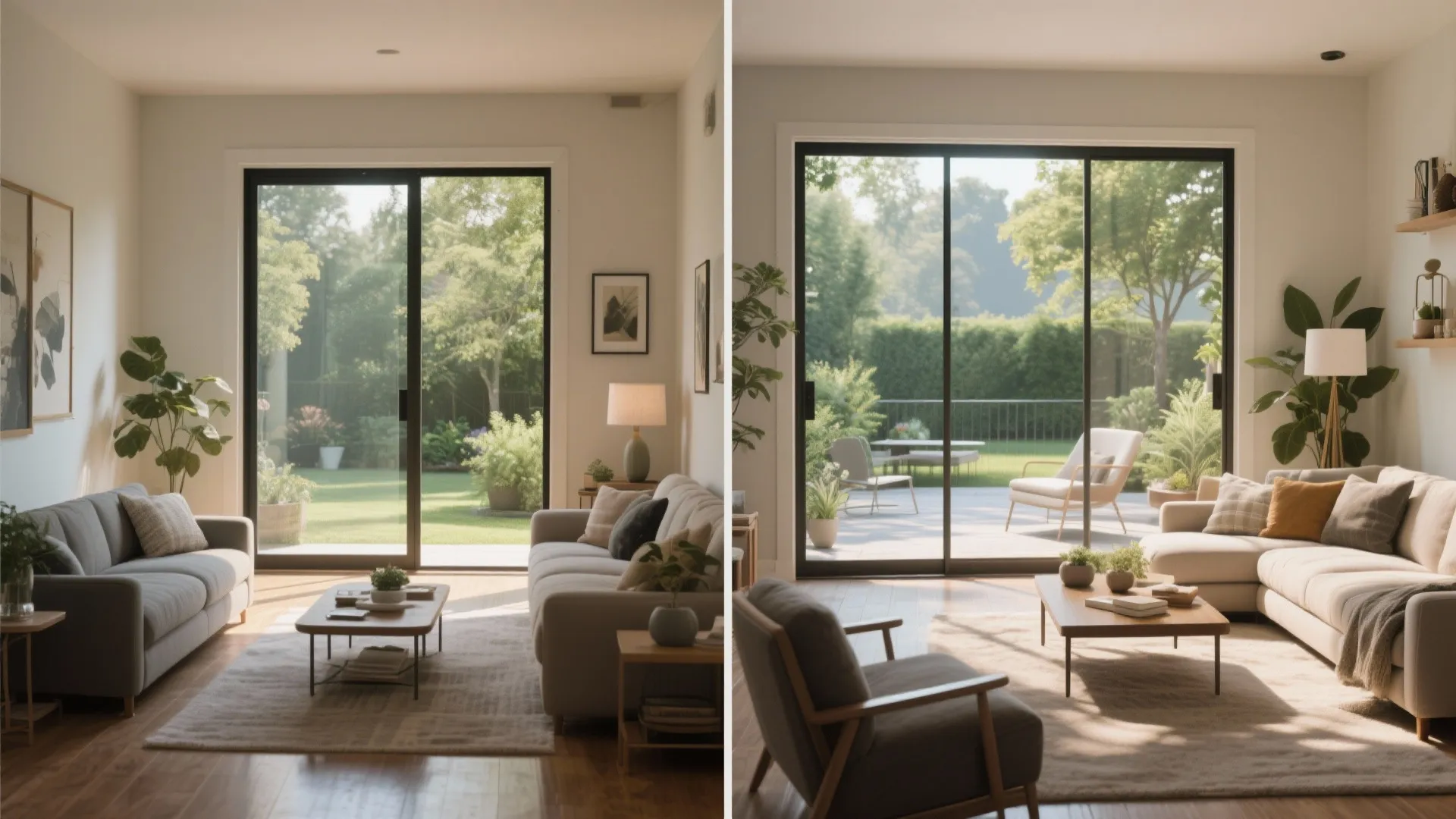 Side by side comparison of two living room designs with sliding glass doors and garden