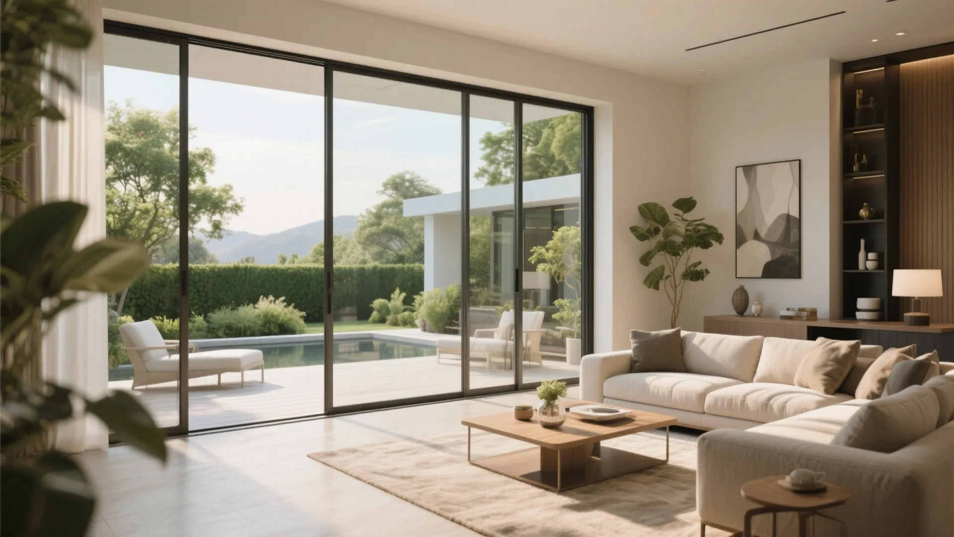 Bright living room with large sliding glass windows looking out to a garden and swimming pool