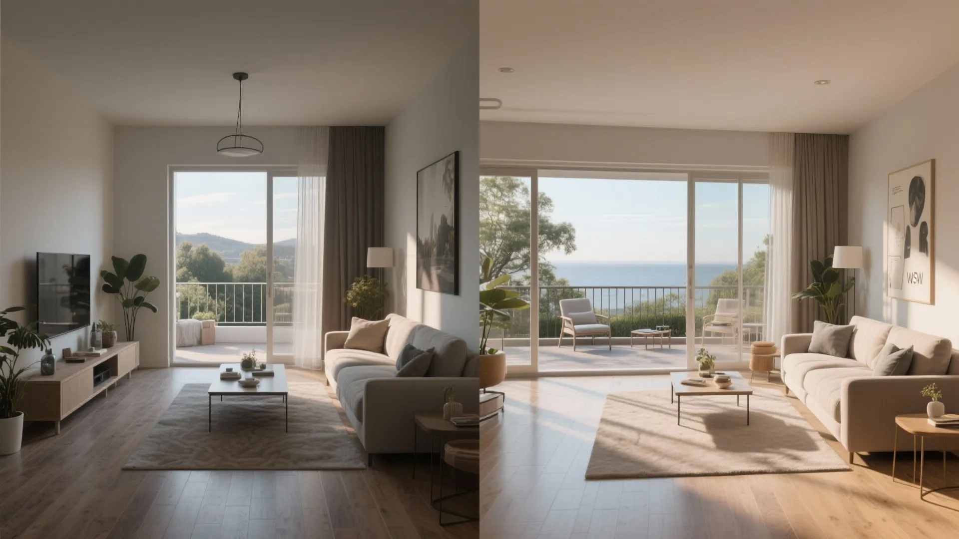 Side-by-side comparison of indoor living rooms with large glass doors opening to outdoor balcony views