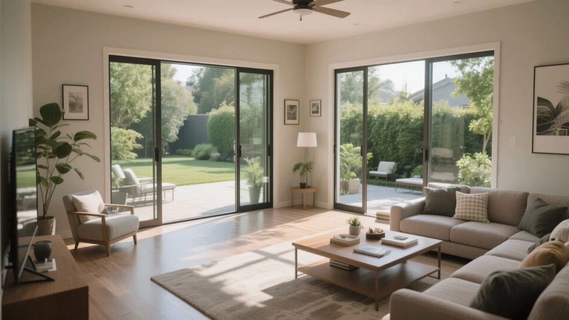 Modern living room with glass doors to green garden grey sofa and large wooden table