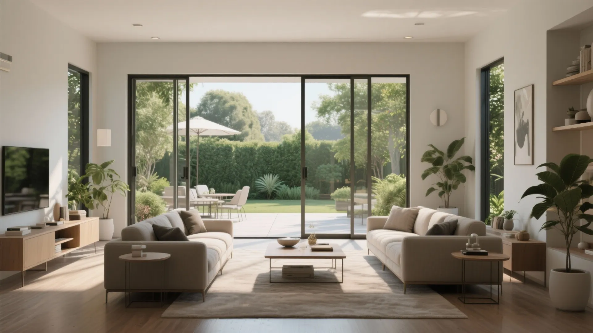 Bright living room with two beige sofas and glass doors opening to green backyard garden