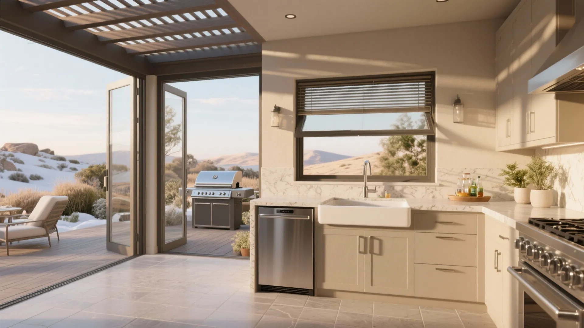 Indoor–outdoor flow with pocket windows and winter kitchens