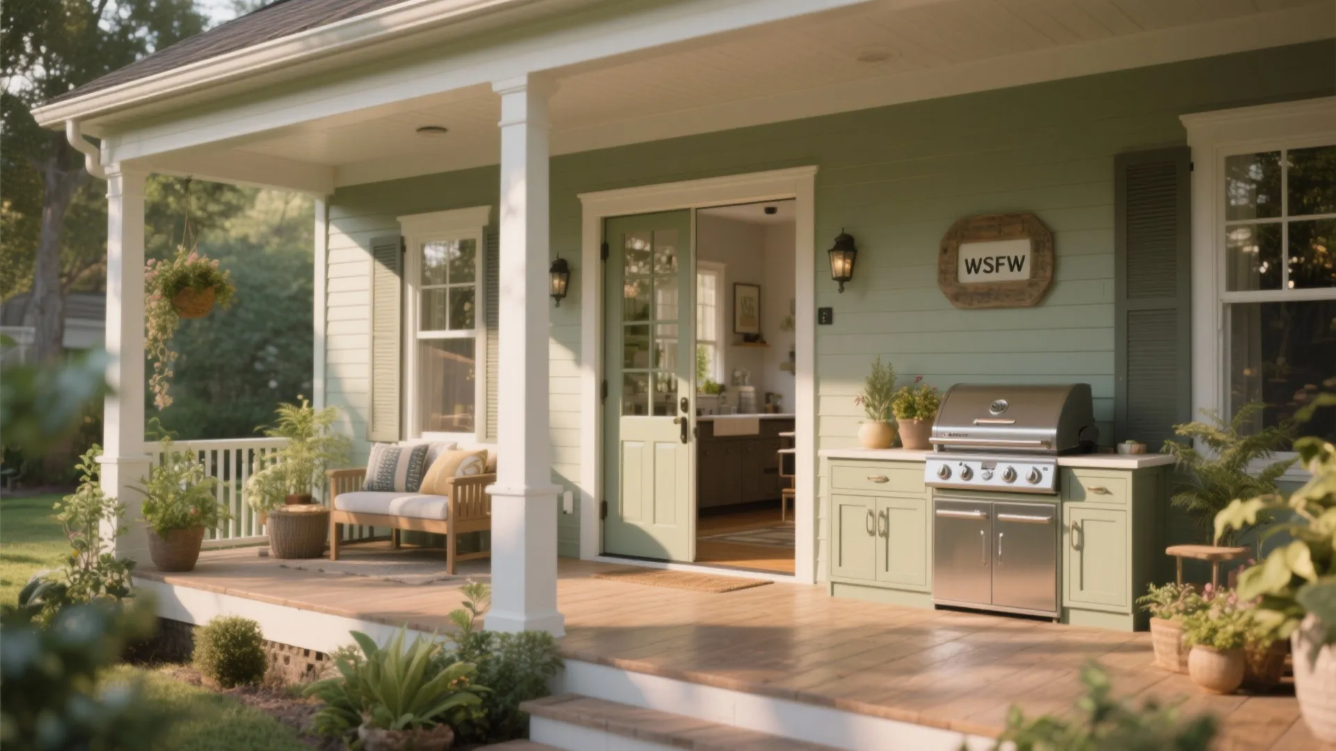 Open porch and interior showing coordinated paint tones and sheen for a seamless indoor-outdoor flow.