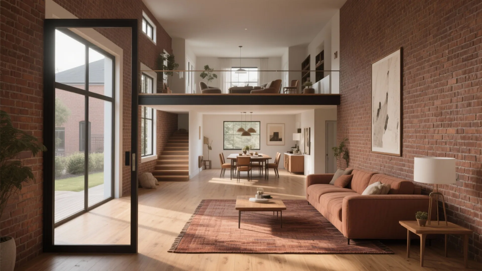 Modern loft living room with red brick walls wooden floors orange sofa and upstairs balcony