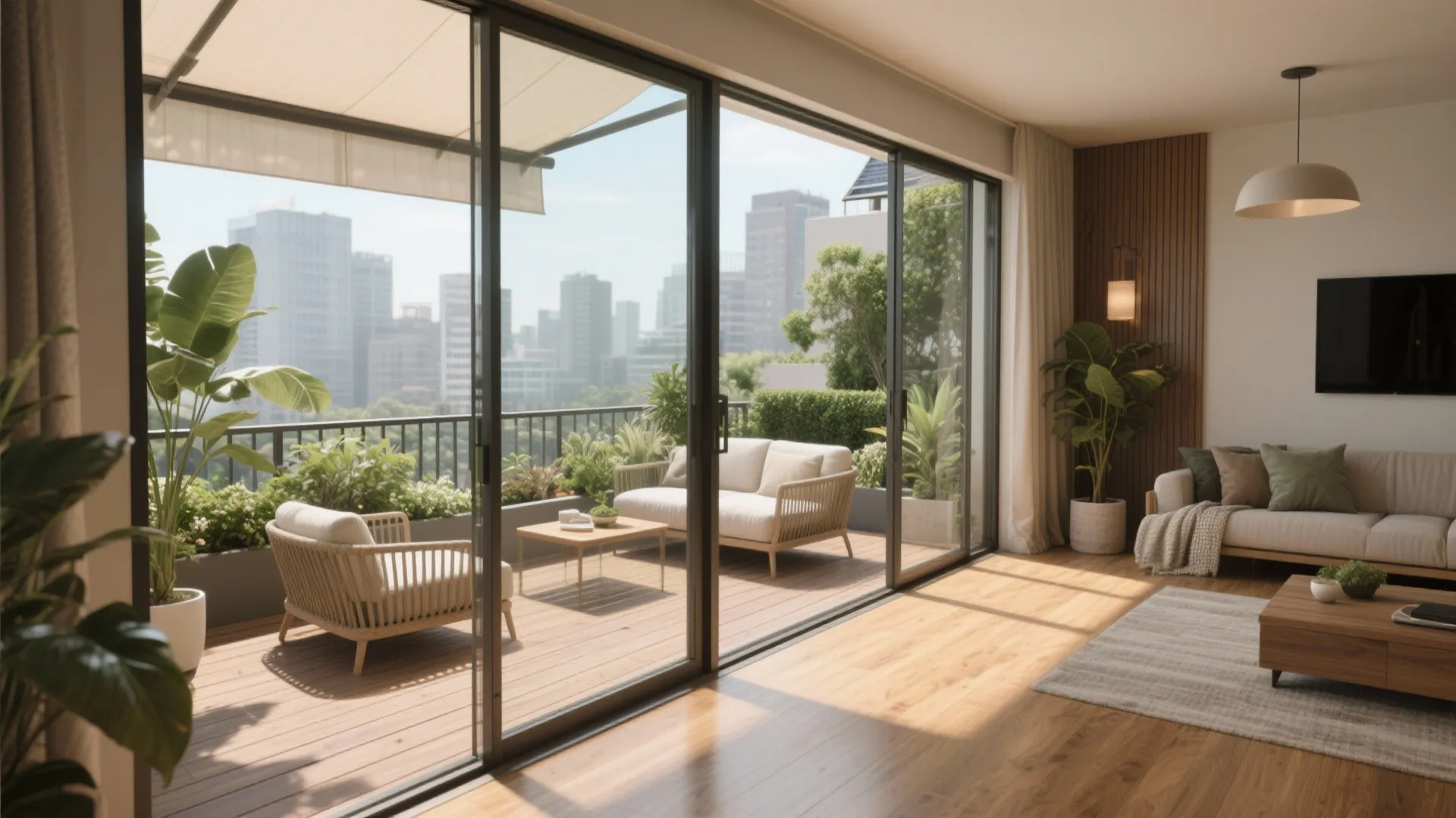 Interior flowing to an outdoor planted terrace with matching floors and large sliding glazing.