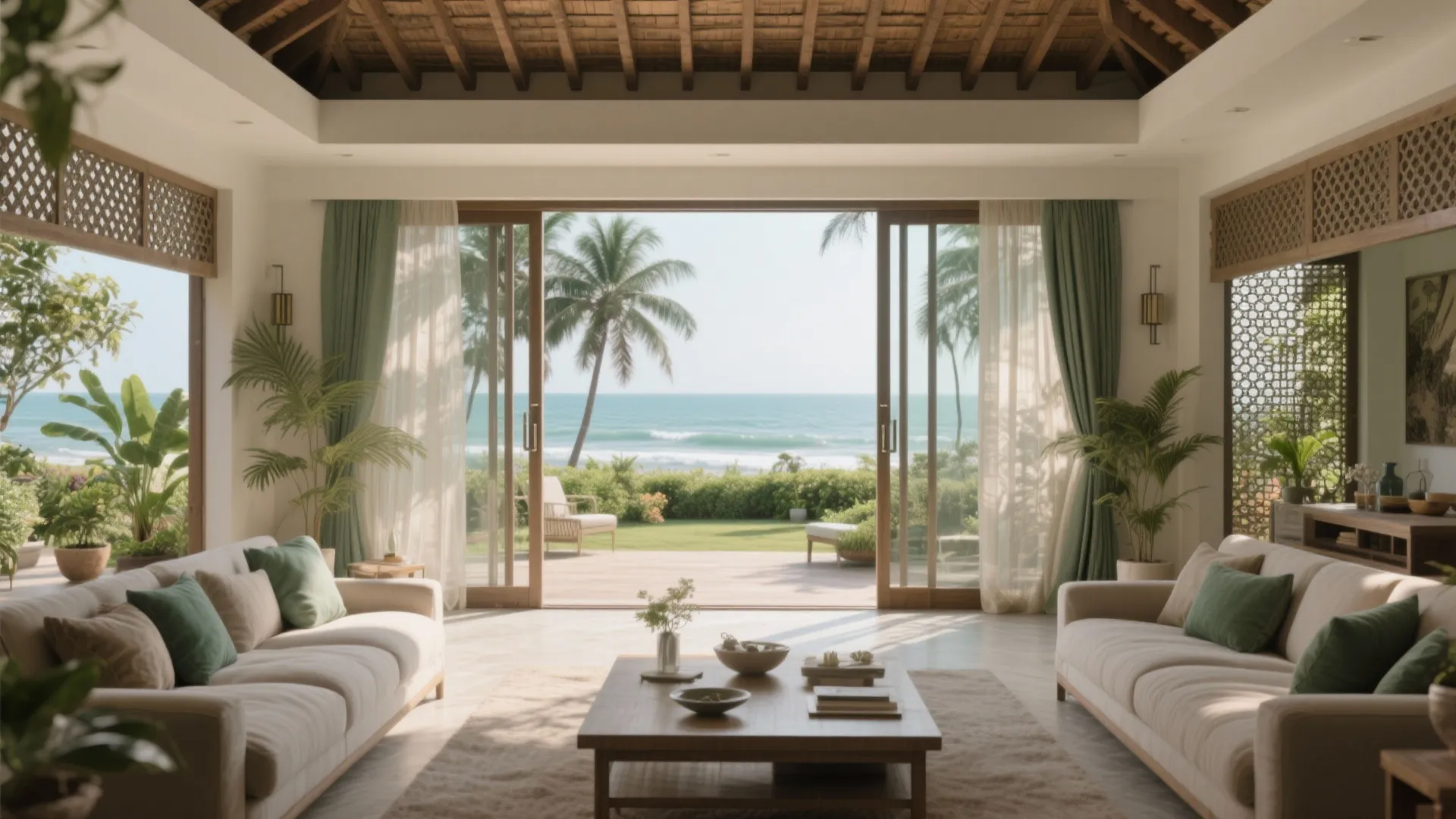 Cross-ventilated Chennai living room with shaded veranda, sliding doors, and jaali screens opening to a garden.