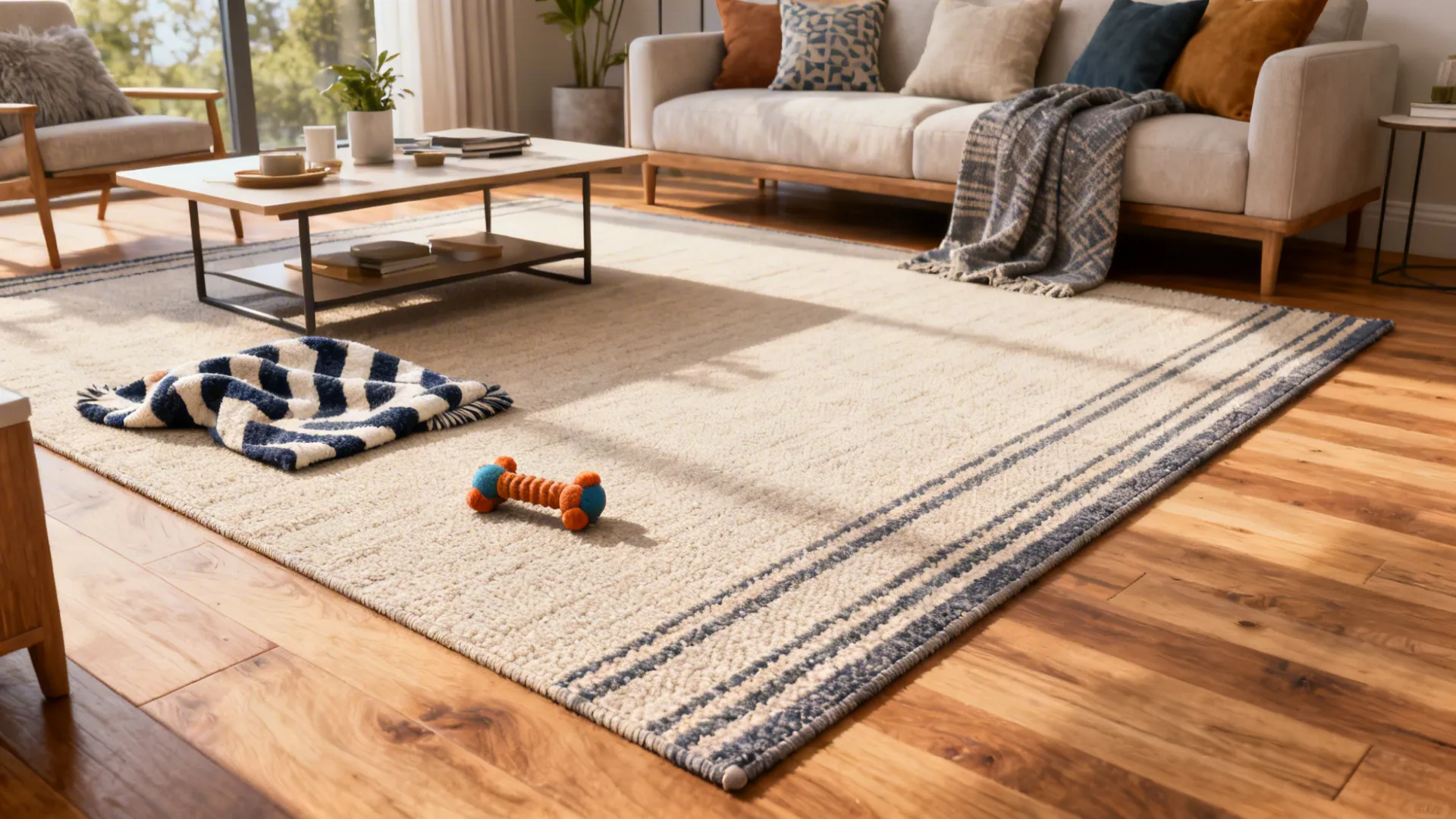 Family-friendly living room with an indoor-outdoor neutral rug and cozy seating.