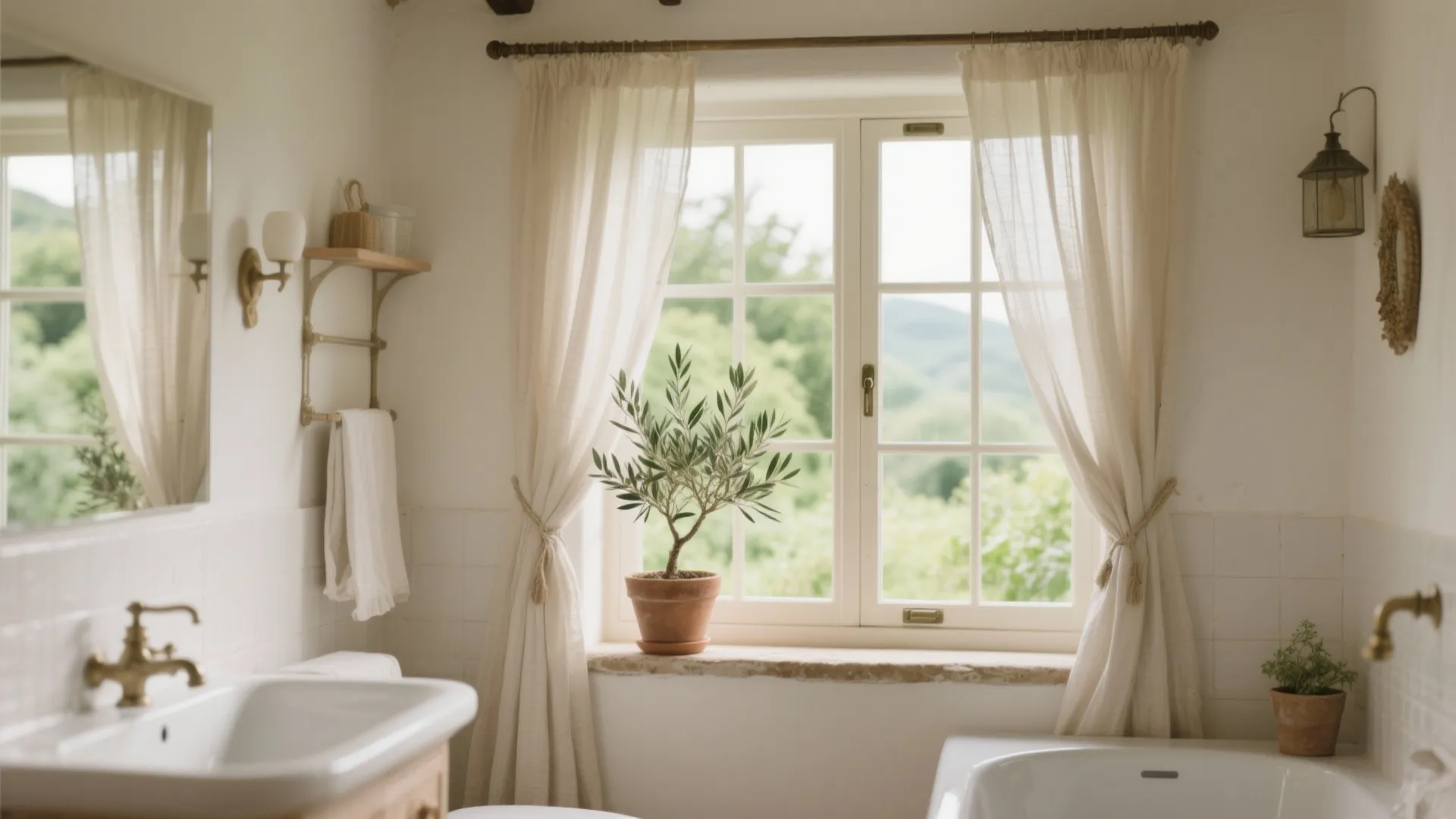 Bright bathroom with white sink, window with curtain, small plant, wall light, and green view