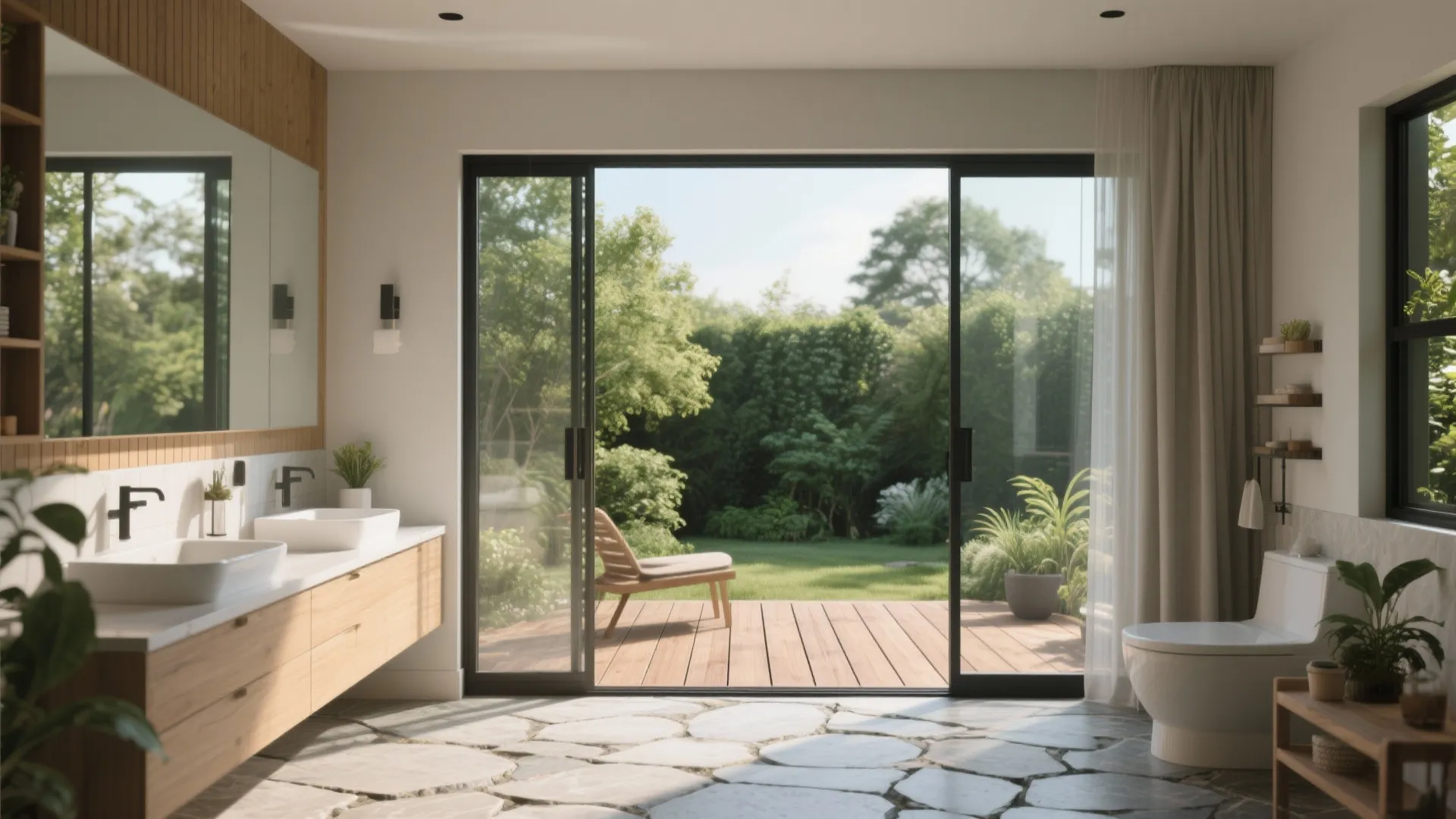 Modern bathroom with sliding glass doors opening to a green garden and wooden double sink