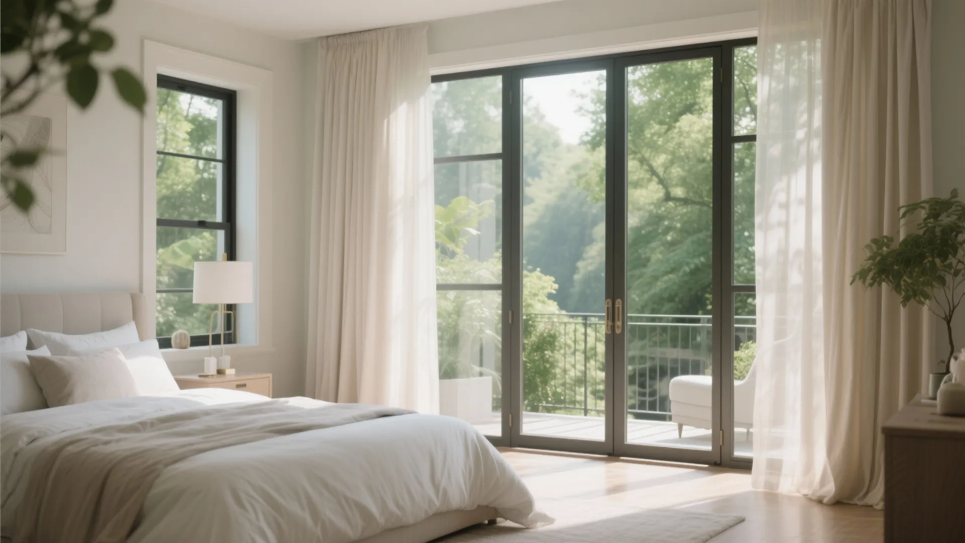 Bright bedroom with large glass doors leading to balcony white curtains and green trees outside