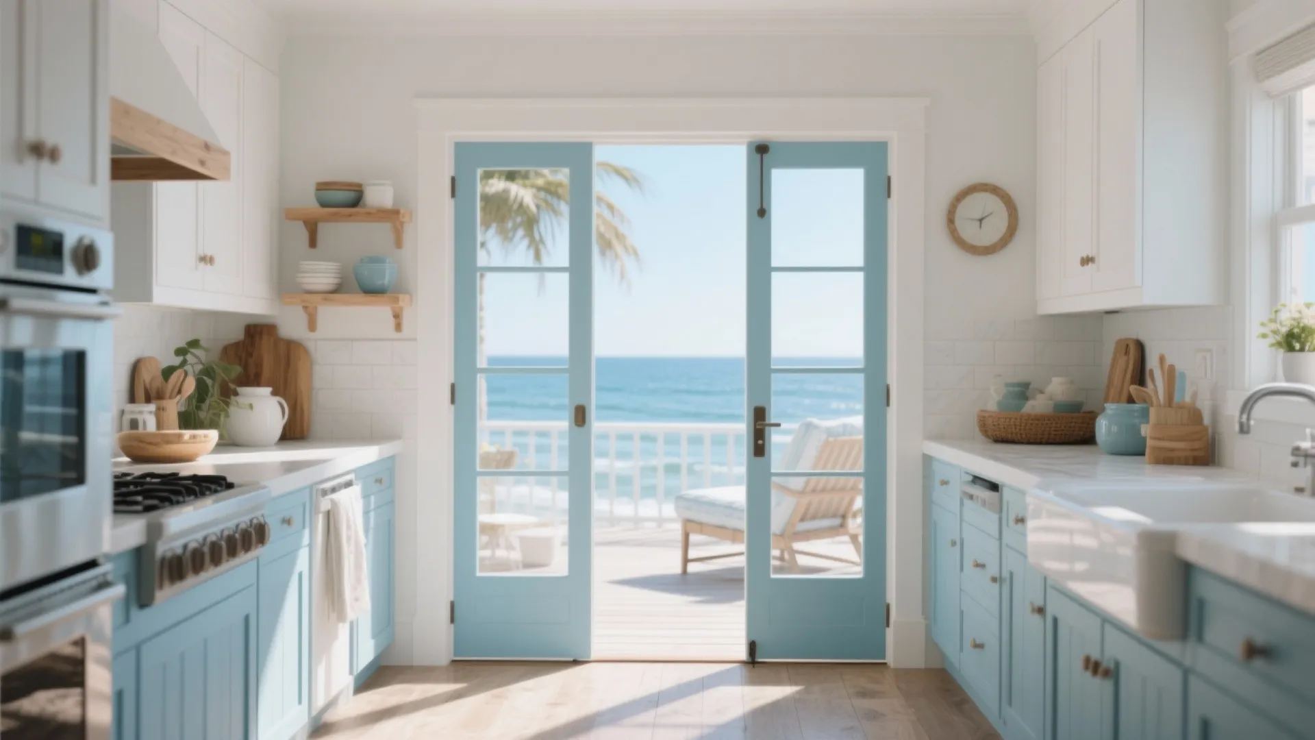Bright kitchen with light blue cabinets white counters and open doors looking out to ocean