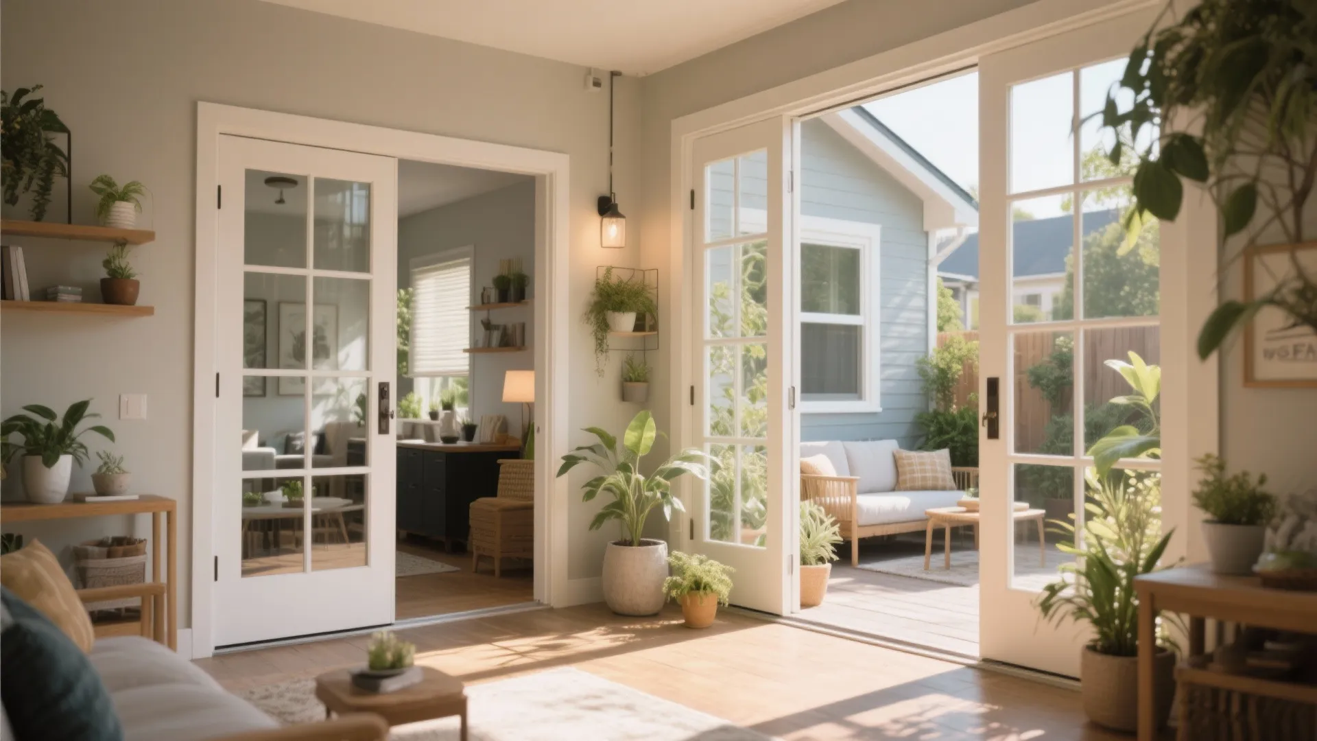 Sunlit living room with open glass doors leading to a wooden deck with outdoor sofa
