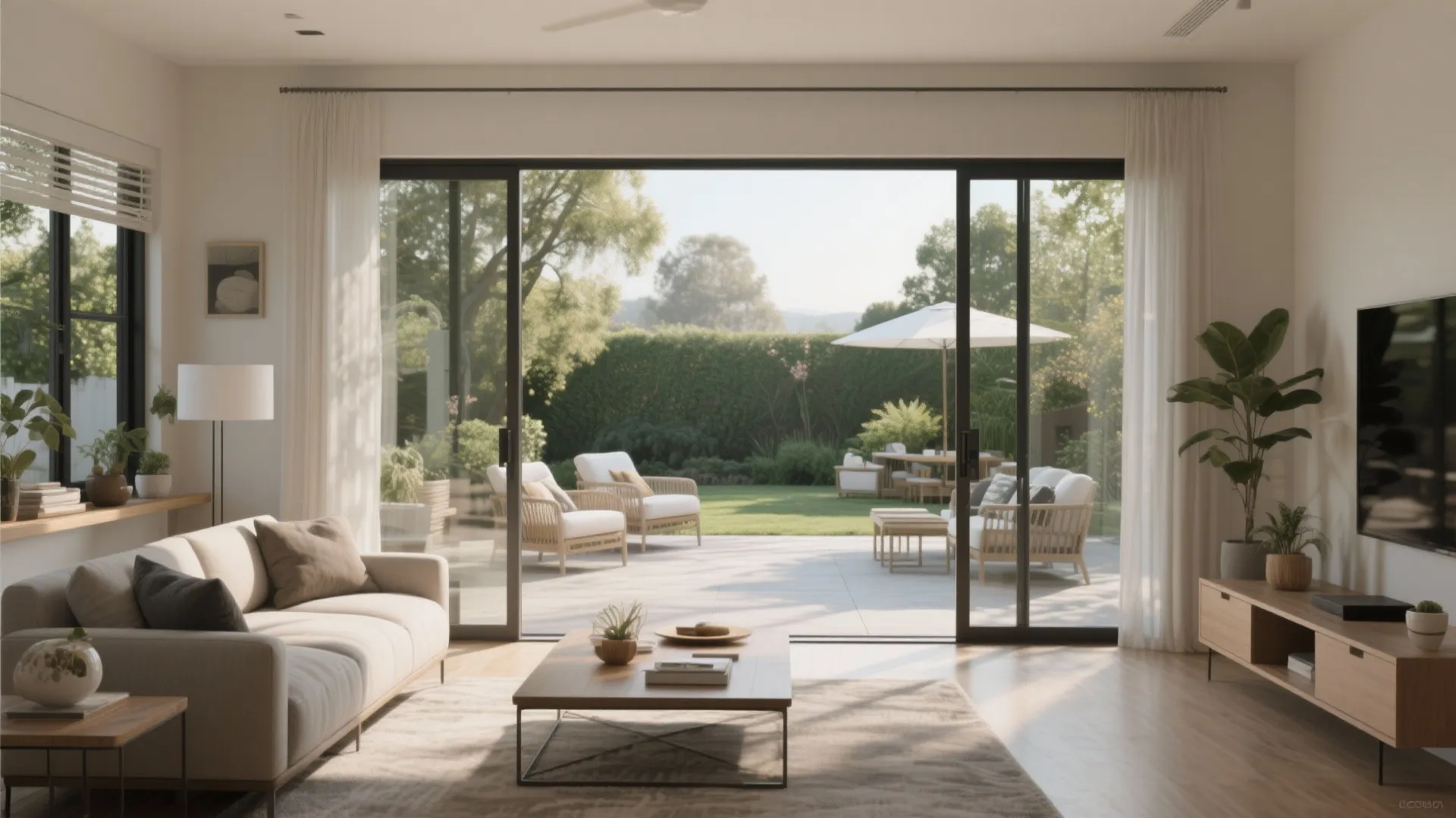Bright living room with glass sliding doors opening to a green garden with outdoor furniture