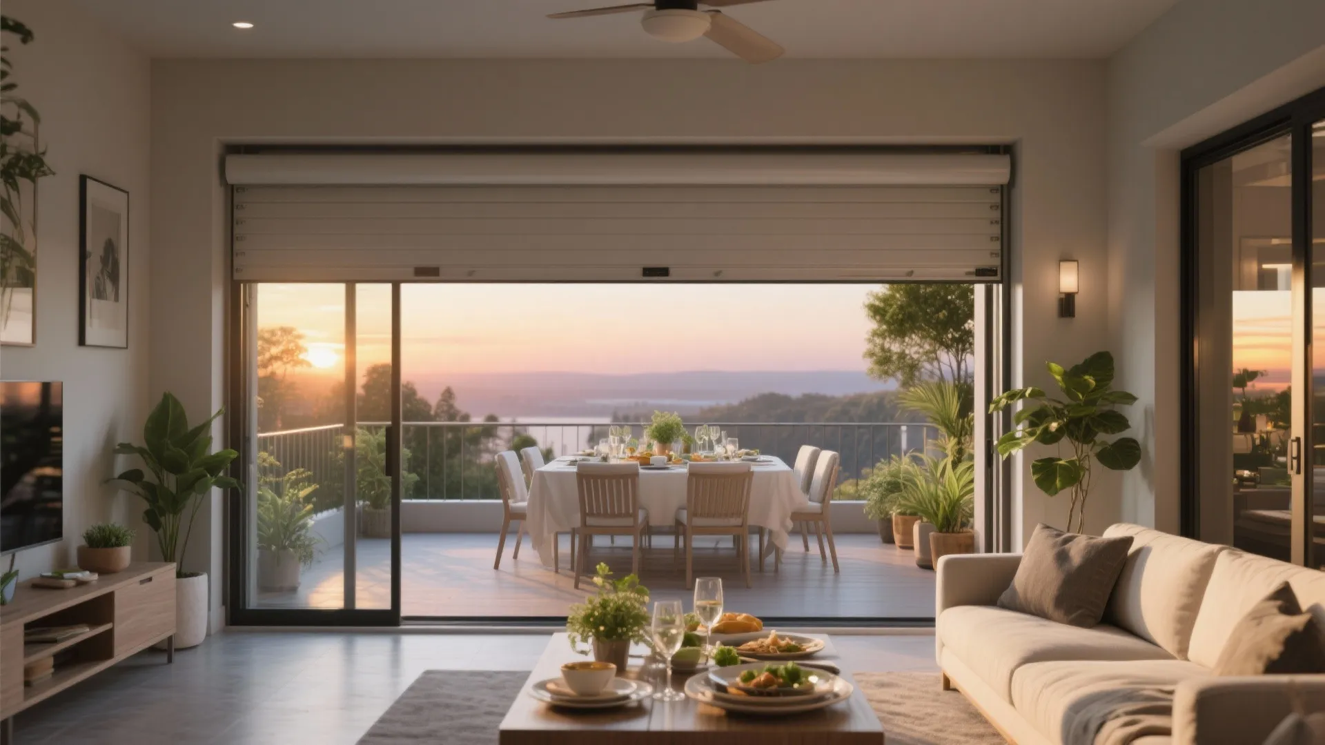 Living room with sliding glass doors opening to an outdoor balcony dining table at golden sunset