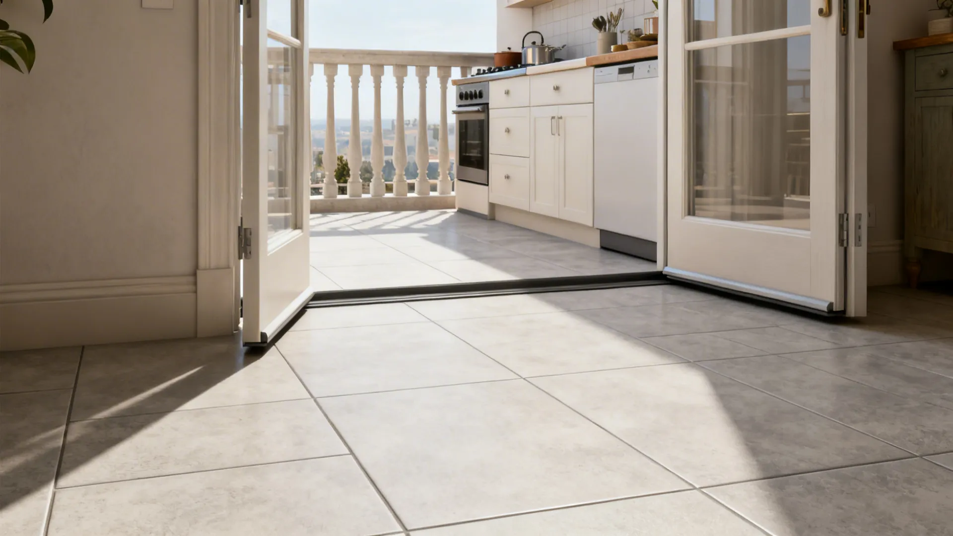 Compact kitchen and balcony sharing the same slip-resistant porcelain tile for seamless indoor-outdoor flow.