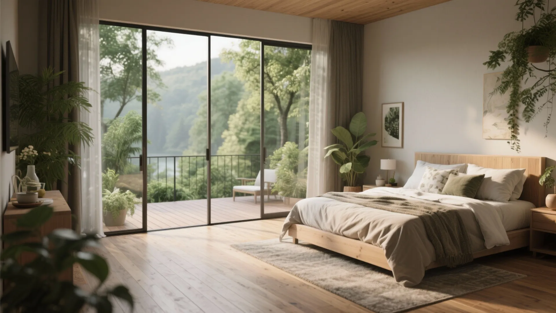 Master bedroom and deck with seamless matching wood flooring