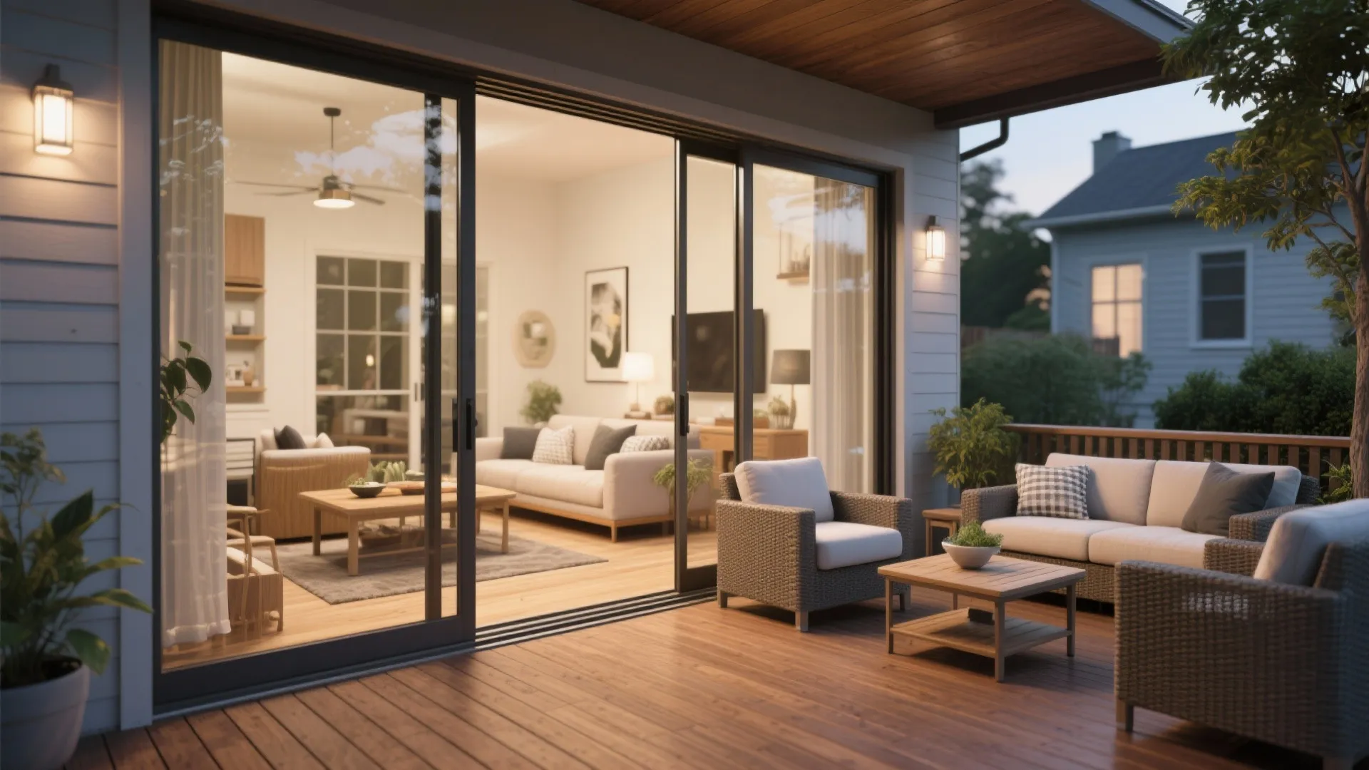 Living room with sliding doors opening to a covered patio and deck that extend living space