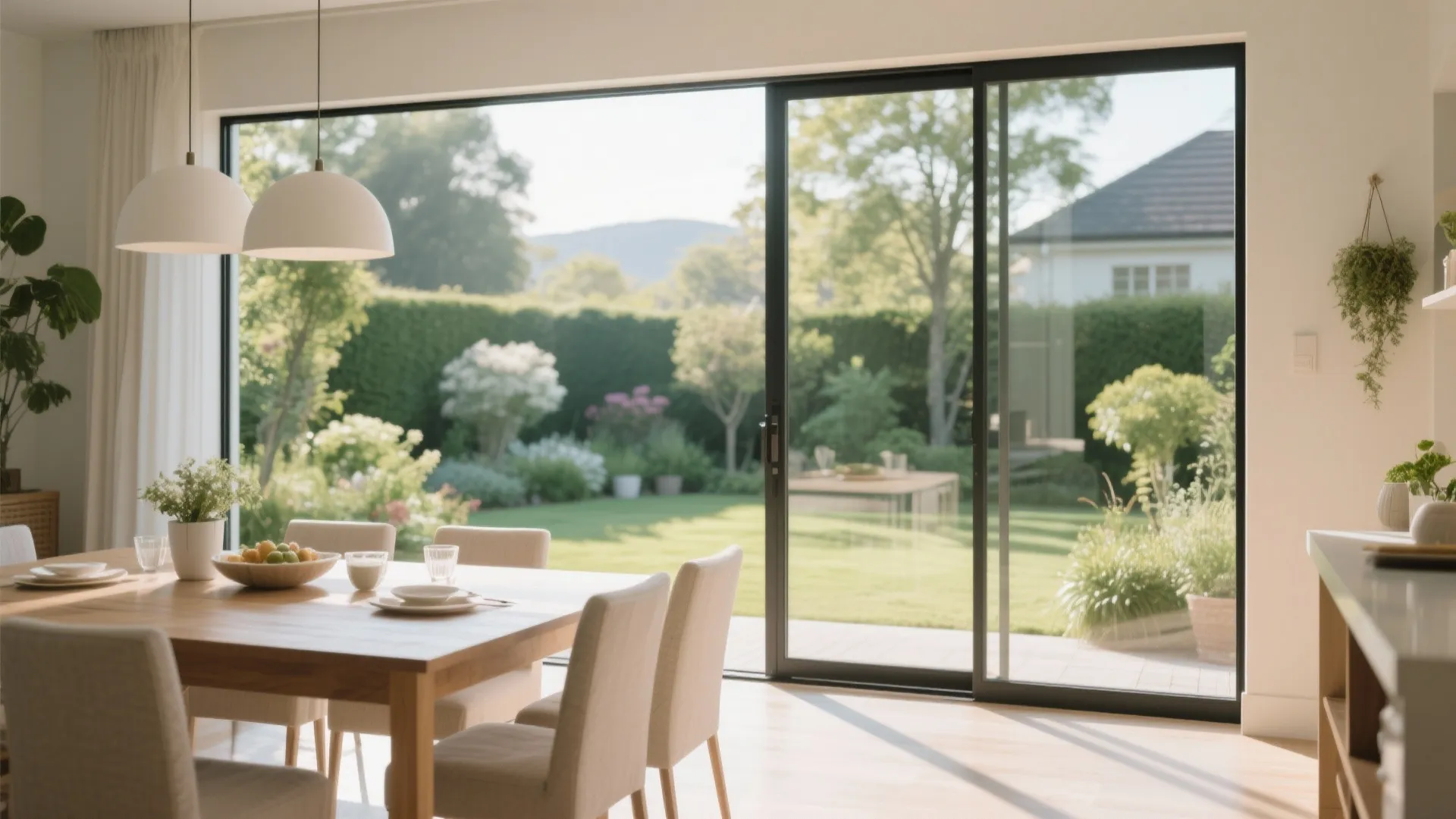 Modern dining area with wooden table beige chairs and sliding glass doors leading to sunny garden