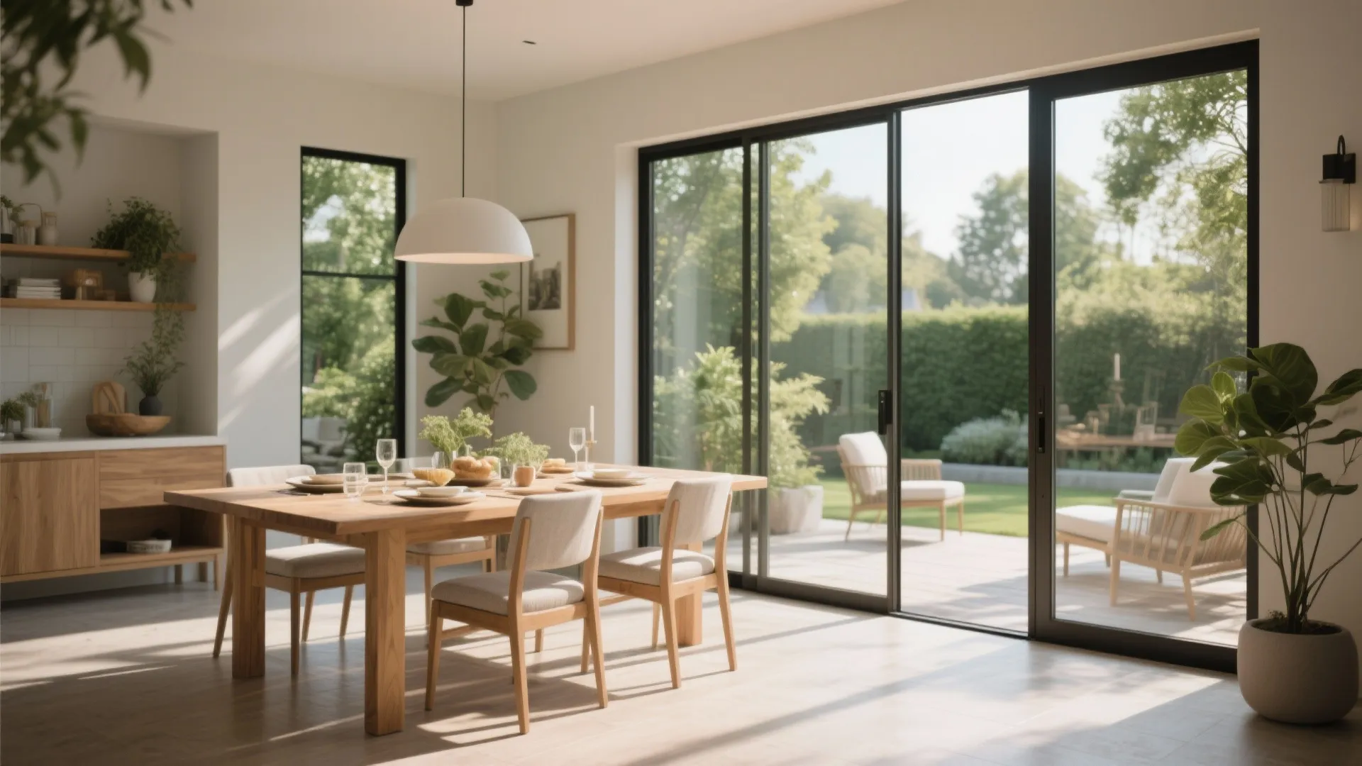 Bright dining room with wooden table and sliding glass doors opening to a green garden backyard