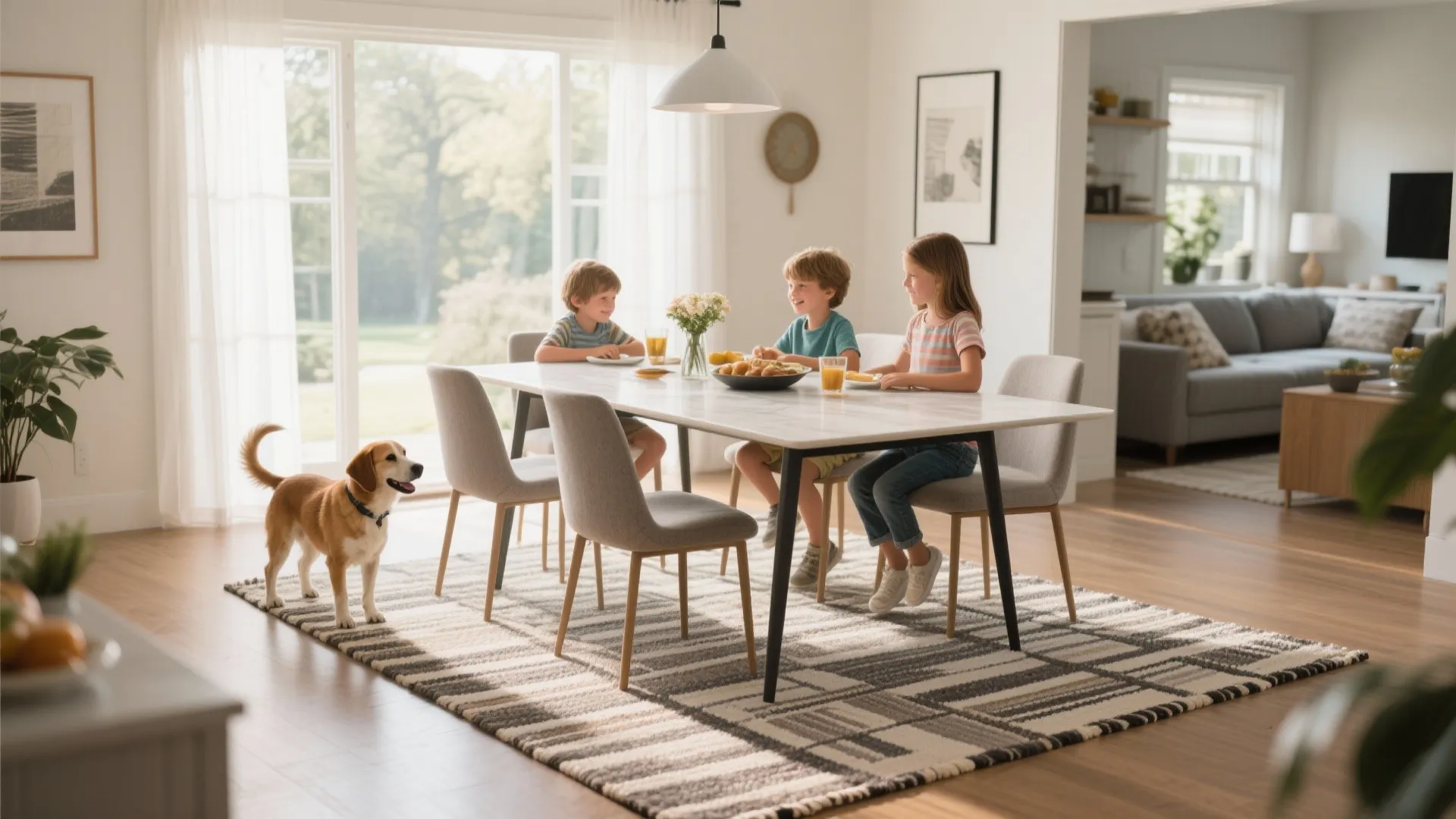 Three children sitting at a white dining table on a striped rug with a dog