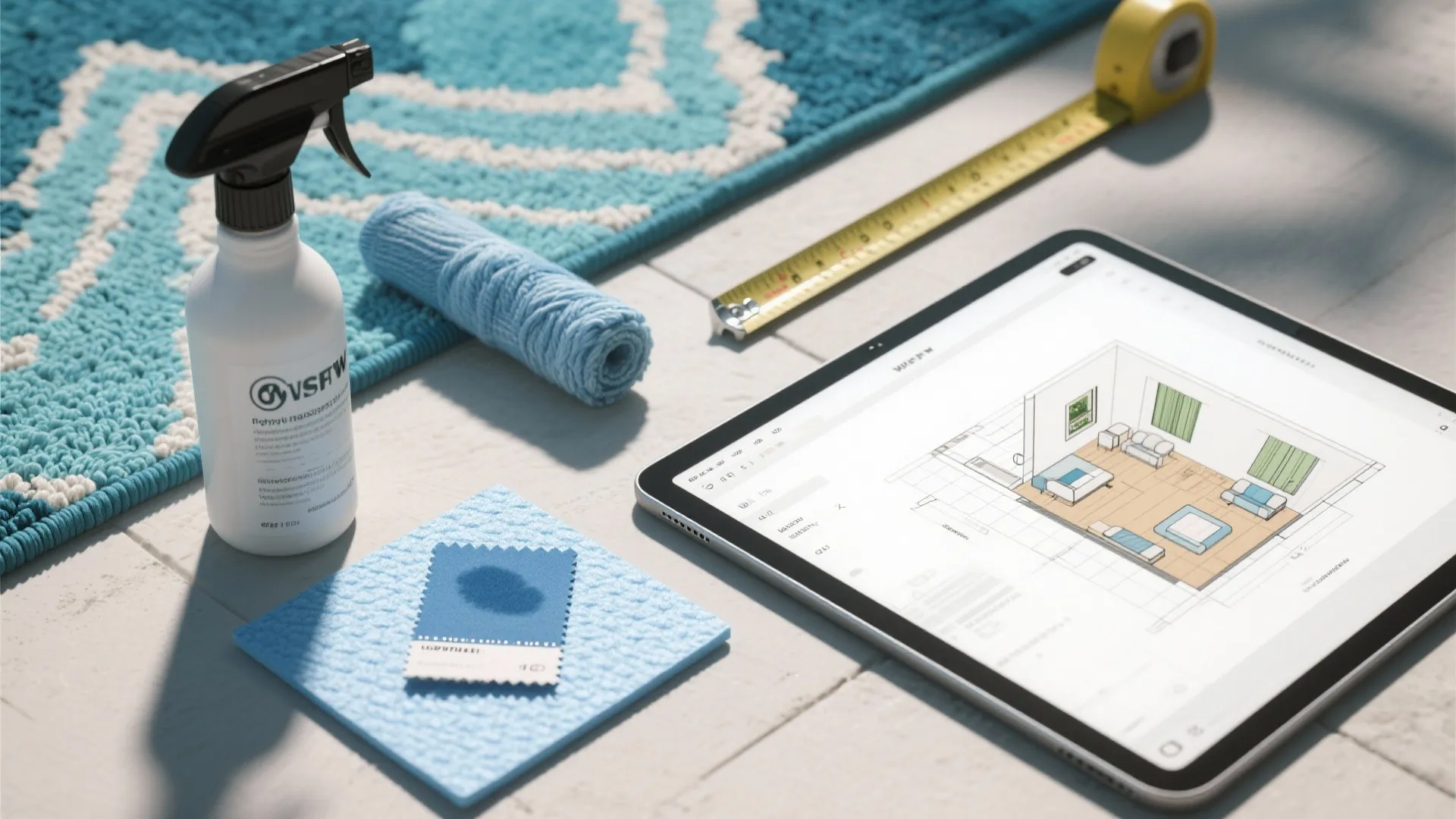 Tablet showing room layout with spray bottle measuring tape and blue fabric samples on floor