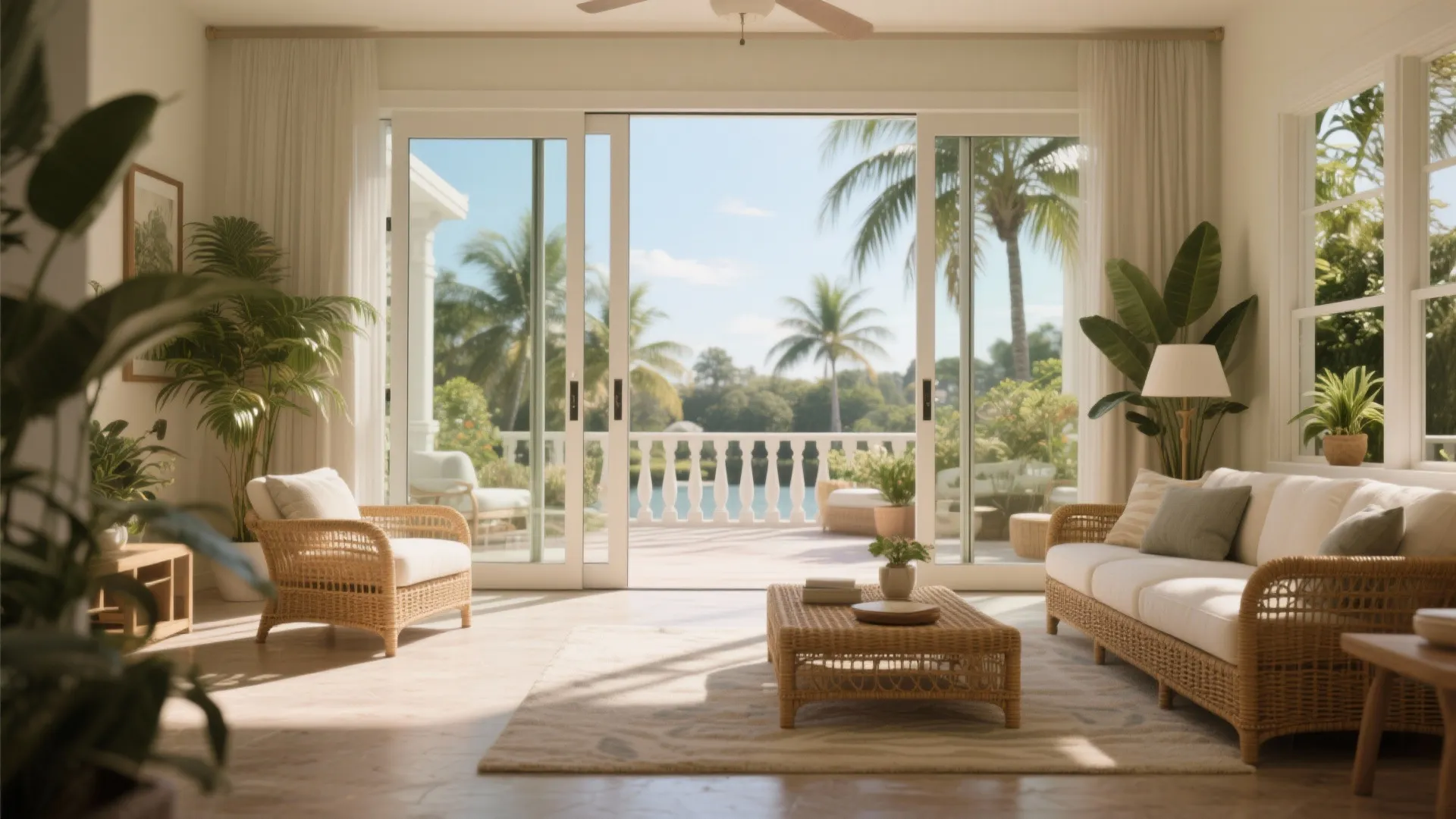 Tropical living room with wicker sofa and open sliding glass doors leading to palm trees