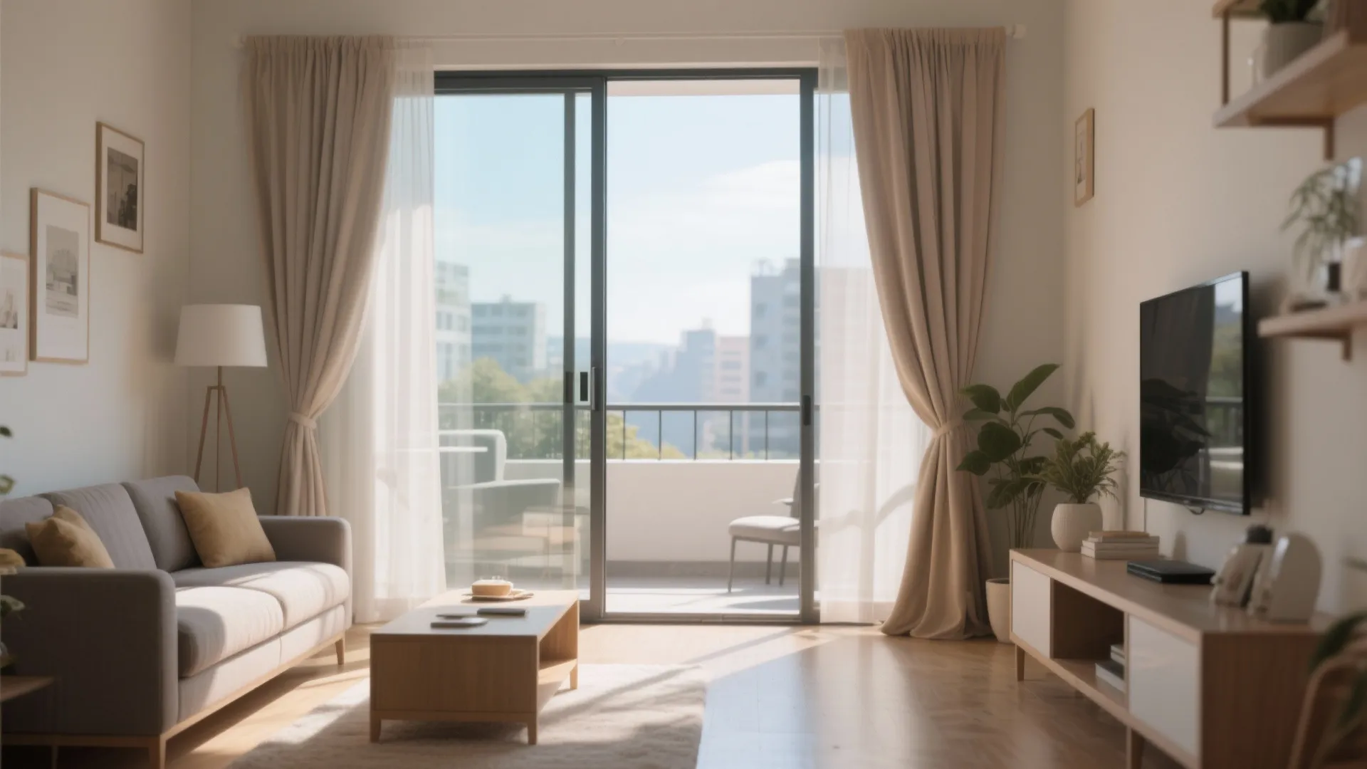 Bright living room with glass sliding doors leading to a balcony with beige curtains furniture