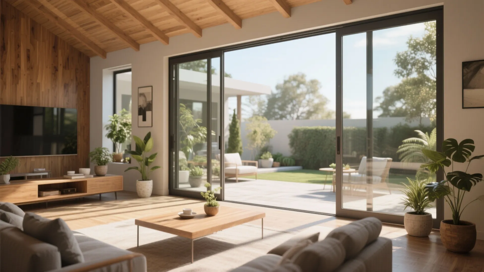 Bright living room with glass sliding doors opening to a garden patio with outdoor furniture